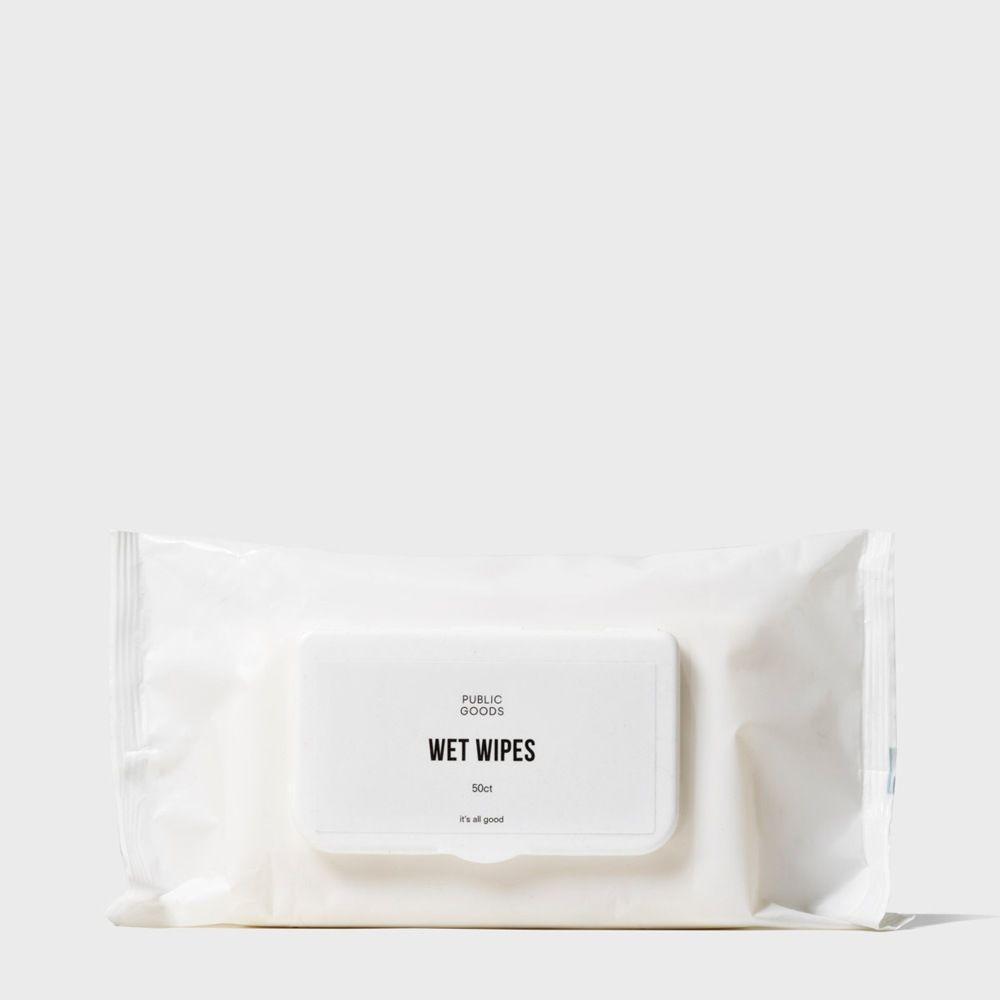 Public Goods - Bamboo Wet Wipes 50 ct: A white package of baby-safe, hypoallergenic wet wipes made with bamboo, aloe, vitamin E, and cucumber extract. Vegan, cruelty-free, and gentle for sensitive skin.