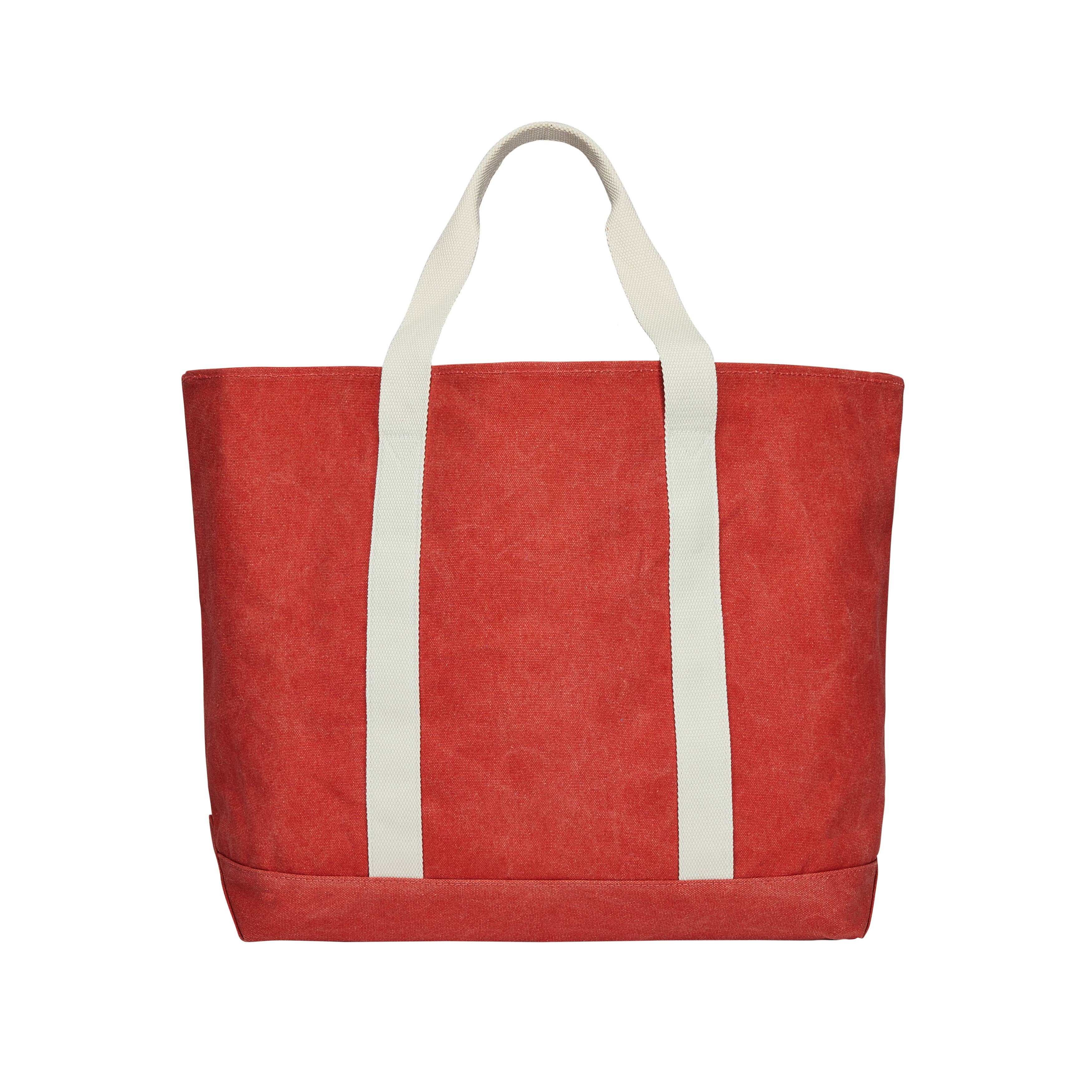 Oversized Basic Beach tote in red and white canvas, featuring a front slip pocket and 9 handle drop. Ideal for beach trips and weekend getaways. Dimensions: 24W x 16H x 8D.