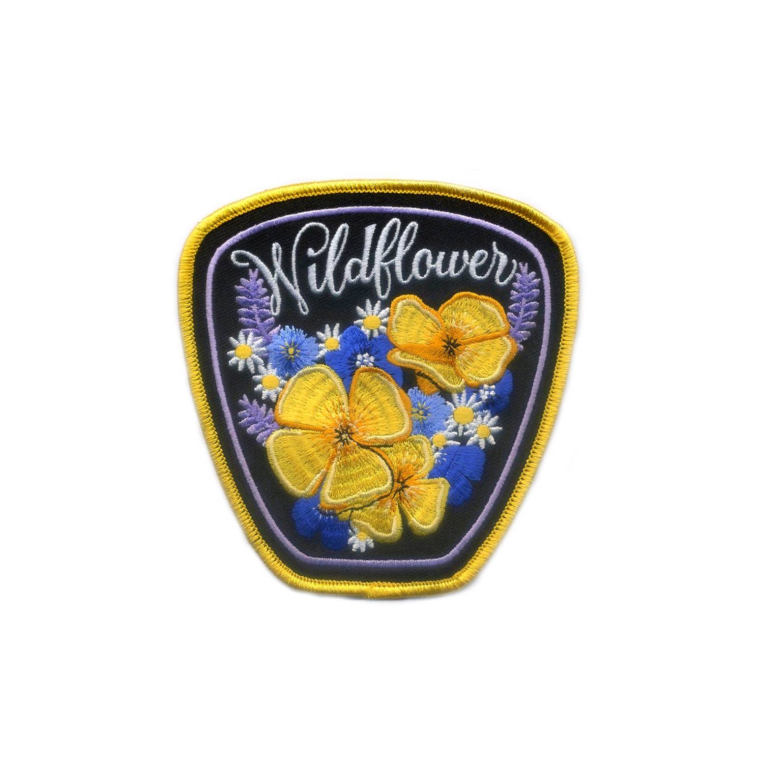 Wildflower Embroidered Patch (large) featuring yellow flower on blue surface, close-up of embroidered patch with floral emblem, 4.25 x 4.5, iron-on adhesive for easy application and machine washable, sew for extra durability.