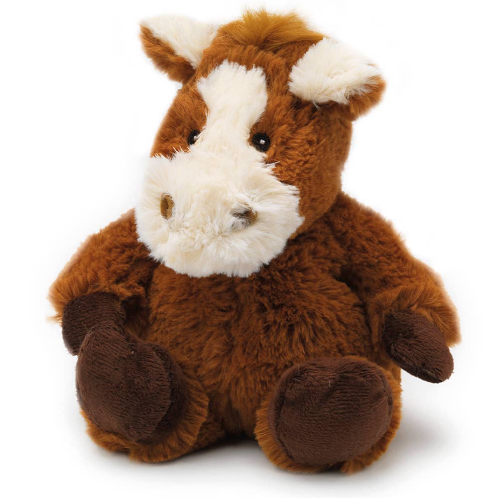 A close-up of a 13 Warmies® Plush horse, a brown and white stuffed animal. Ideal for gentle relief with French lavender scent, microwaveable for reusable warmth.