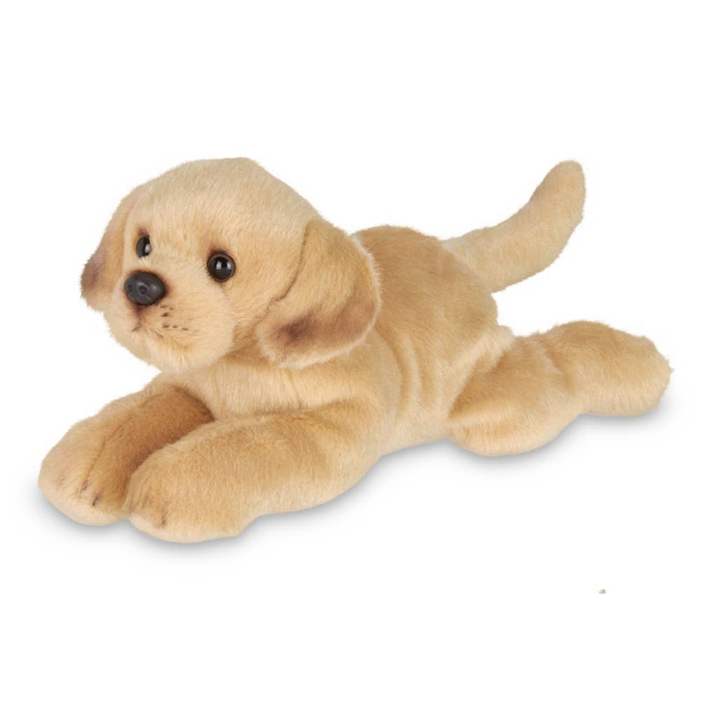 Stuffed yellow lab dog toy from Bearington Collection, 8 inches in size, lying on its back with a black nose close-up.