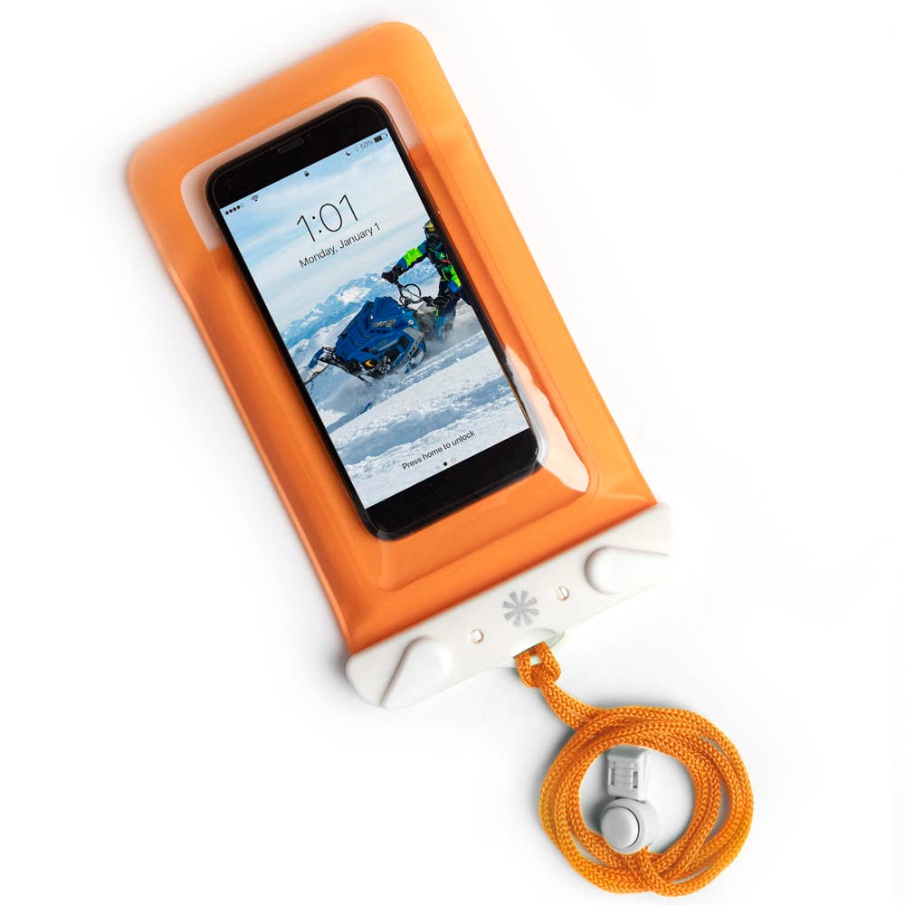 A waterproof phone defender bag, DRY SPELL, in vibrant orange, with a clear window for phone use. Buoyant foam ensures phone safety near water. Fits displays up to 6.5”.