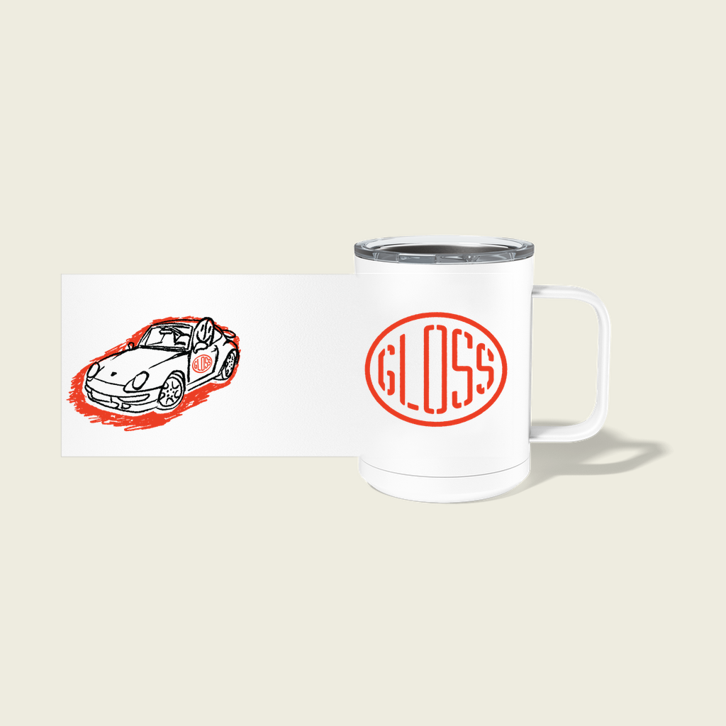 A white insulated stainless steel mug featuring a car design and a red oval logo, perfect for keeping beverages warm or cool for 8 hours. Customize with your favorite quote or graphics!