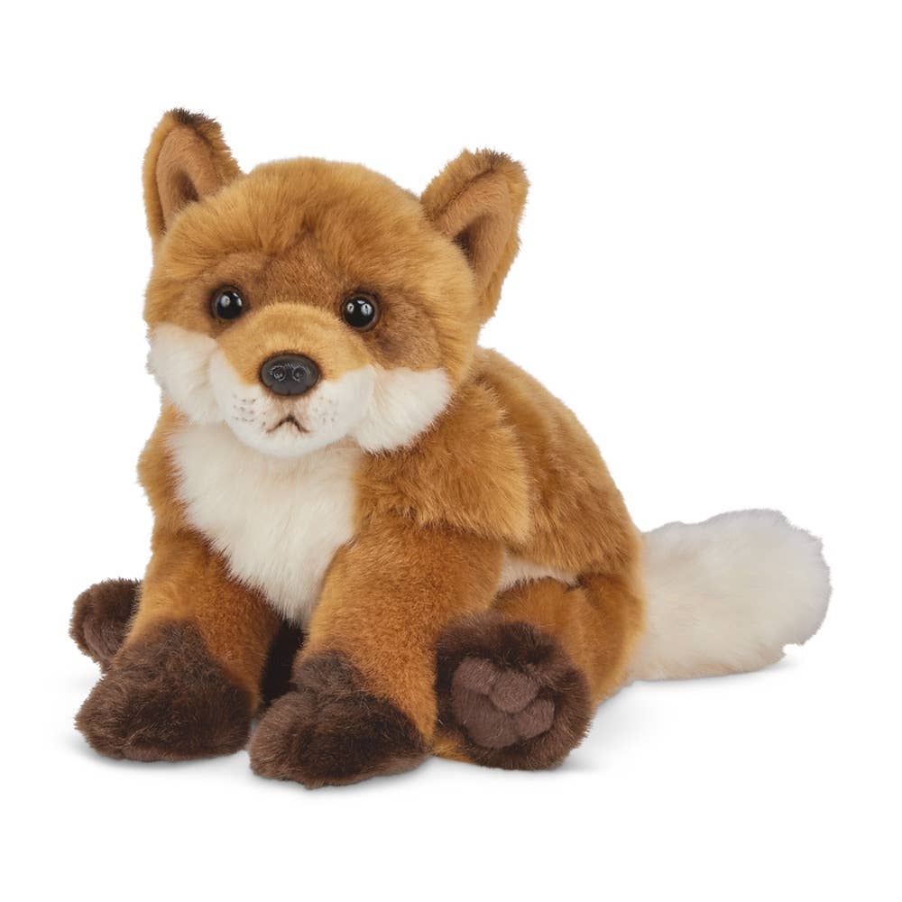 A 13-inch Bearington Collection plush toy featuring Fenton the Fox, with close-ups of a furry animal and a stuffed animal, showcasing intricate details like eyes and nose.