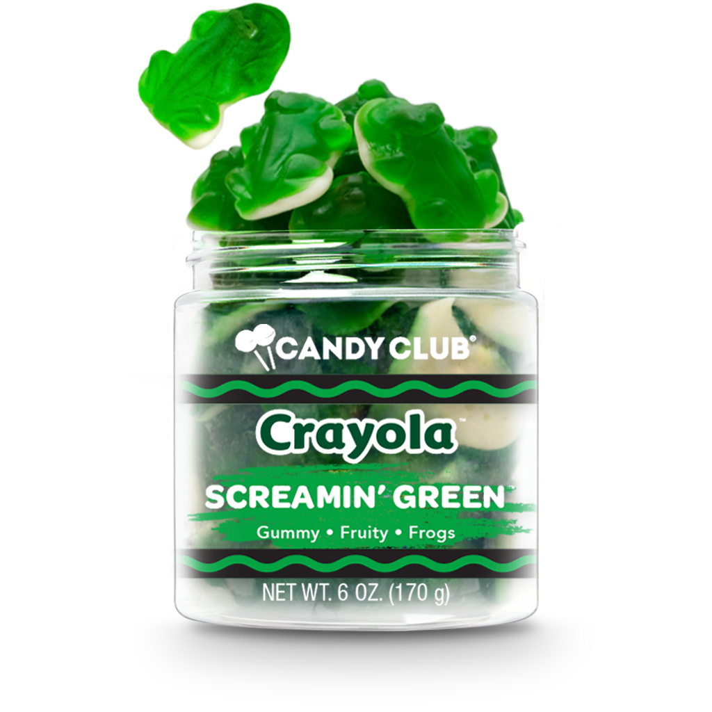 A jar of green gummy candies from Candy Club's Screamin' Green™ *CRAYOLA® COLLECTION, inspired by playful colors. Sweet fruity flavor, perfect for school, parties, and gifts.