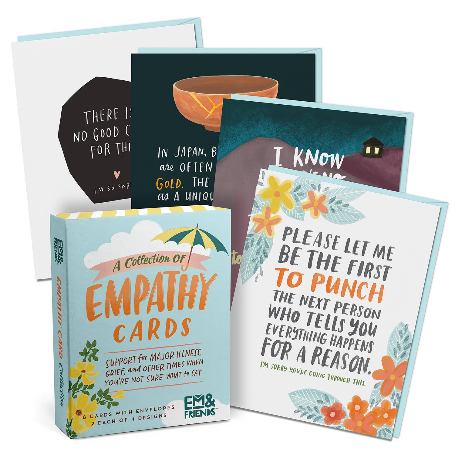 A collection of Em & Friends Empathy Cards in a boxed set of 8 assorted designs. Features 4 popular card designs in a hinged-lid box. Dimensions: Cards 4.25” x 5.5”; box 4.625” x 6.25”.