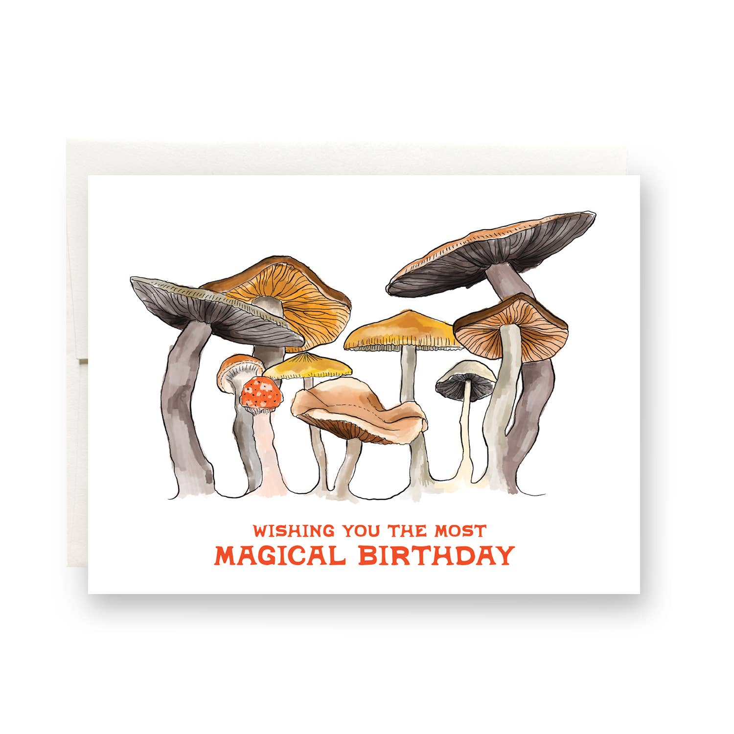 A folded A2 Mushroom Birthday card featuring various colorful mushrooms, with a cream envelope. Full color, blank interior. Made in the USA.