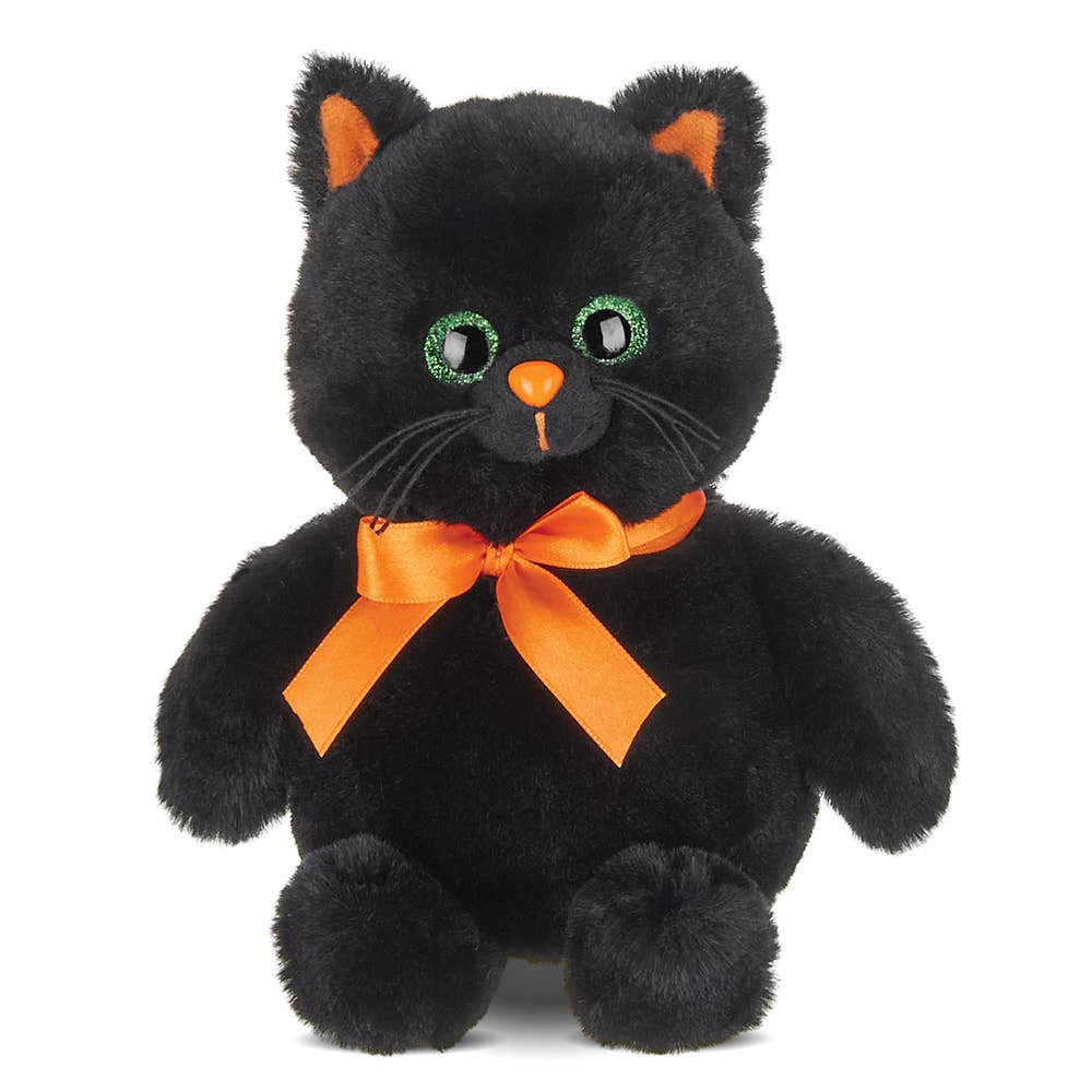 Stuffed black cat plush toy with orange bow, green eyes, and soft fur. Ideal for Fall and Halloween gifts. Bearington Collection - Ebony Plush Halloween Black Cat.