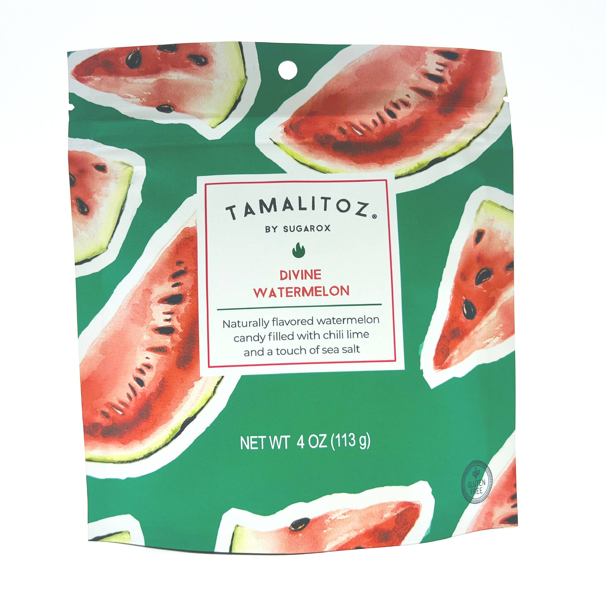 Handcrafted Divine Watermelon Tamalitoz Candy by Sugarox Candy Studio LLC. Close-up of watermelon candy with chili, lime, sea salt flavors. Natural, kosher, gluten-free.