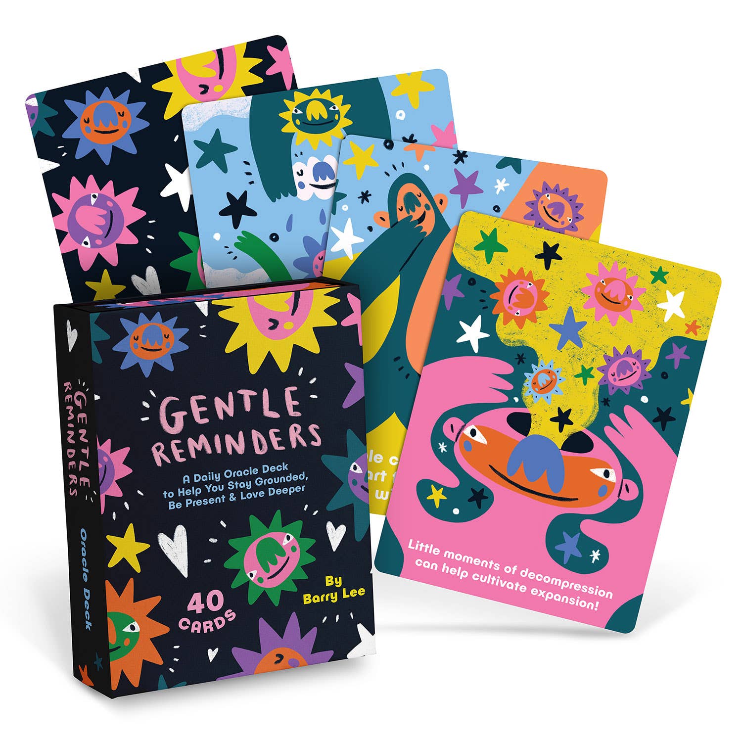 A group of colorful self-care cards by Barry Lee, featuring sun, stars, and whimsical designs in a portfolio-style box with 40 illustrated cards.