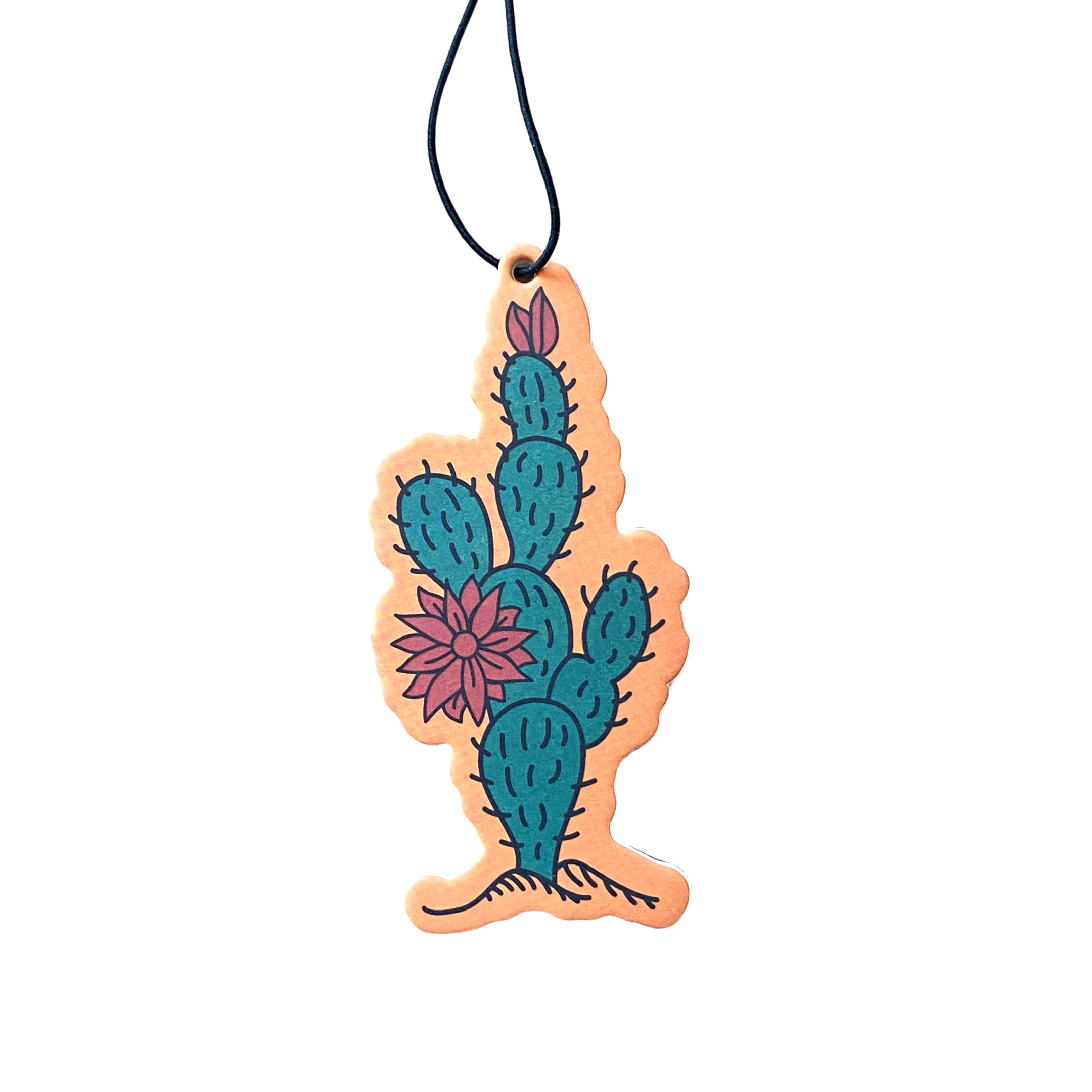 A cactus-shaped pendant with an enamel illustration of a flower, representing Good & Well Supply Co.'s Zion Air Freshener / Auto Fragrance inspired by national parks.