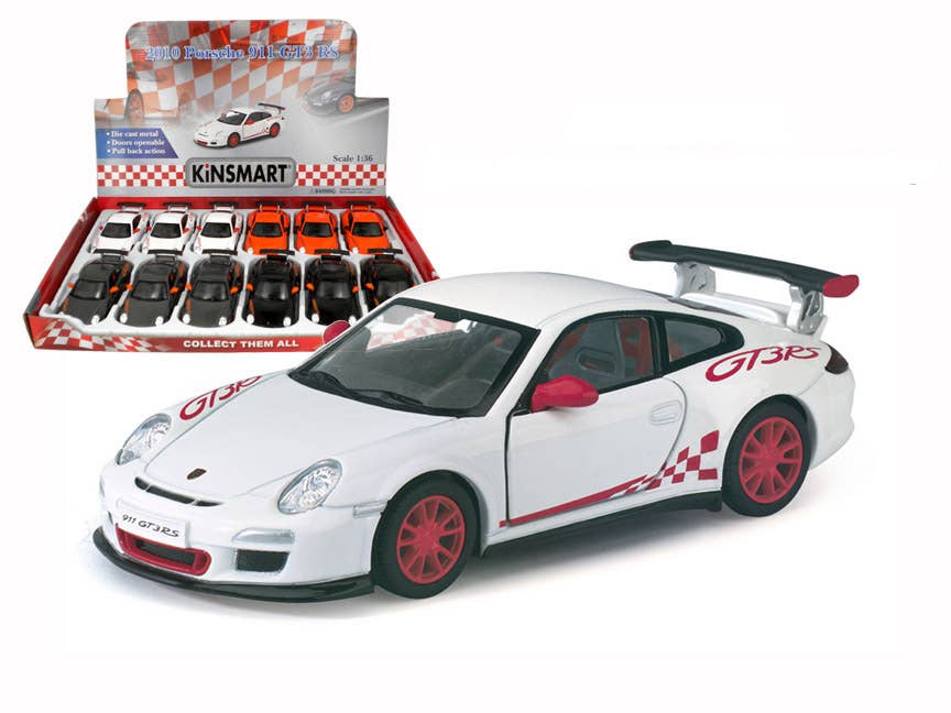 A 5 2010 Porsche 911 GT3 RS diecast model car with pullback motor action and opening doors. Land vehicle with red wheels.