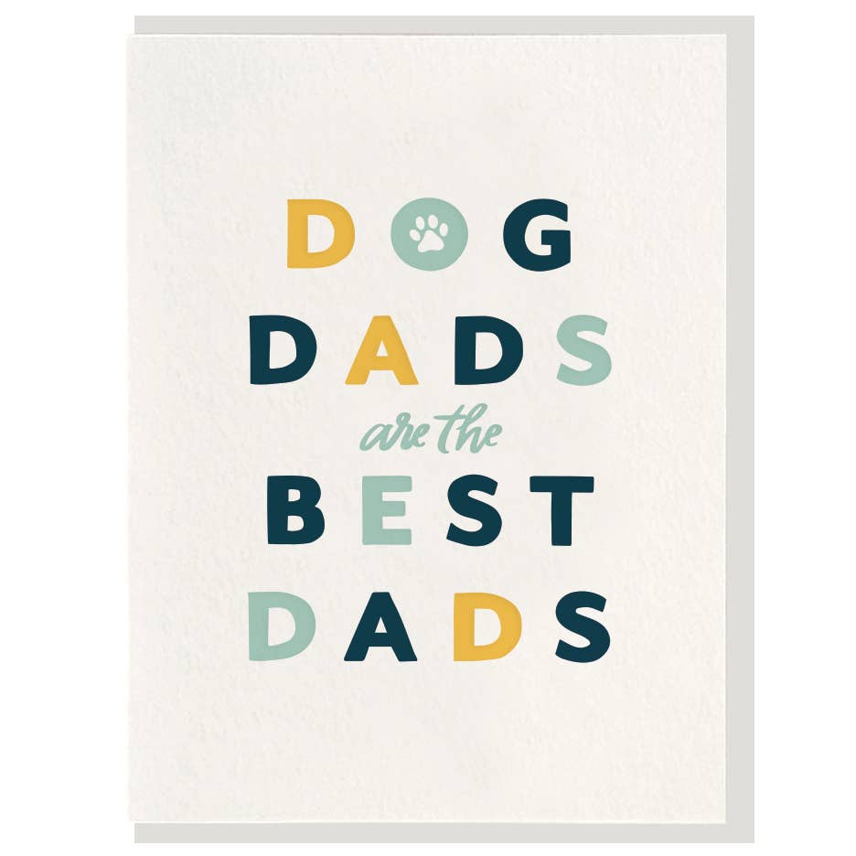 Hand-illustrated Dog Dad letterpress Father's Day greeting card on cotton paper. Includes 1 card + envelope, 4.25 x 5.5 folded size, blank interior. Made in the USA.