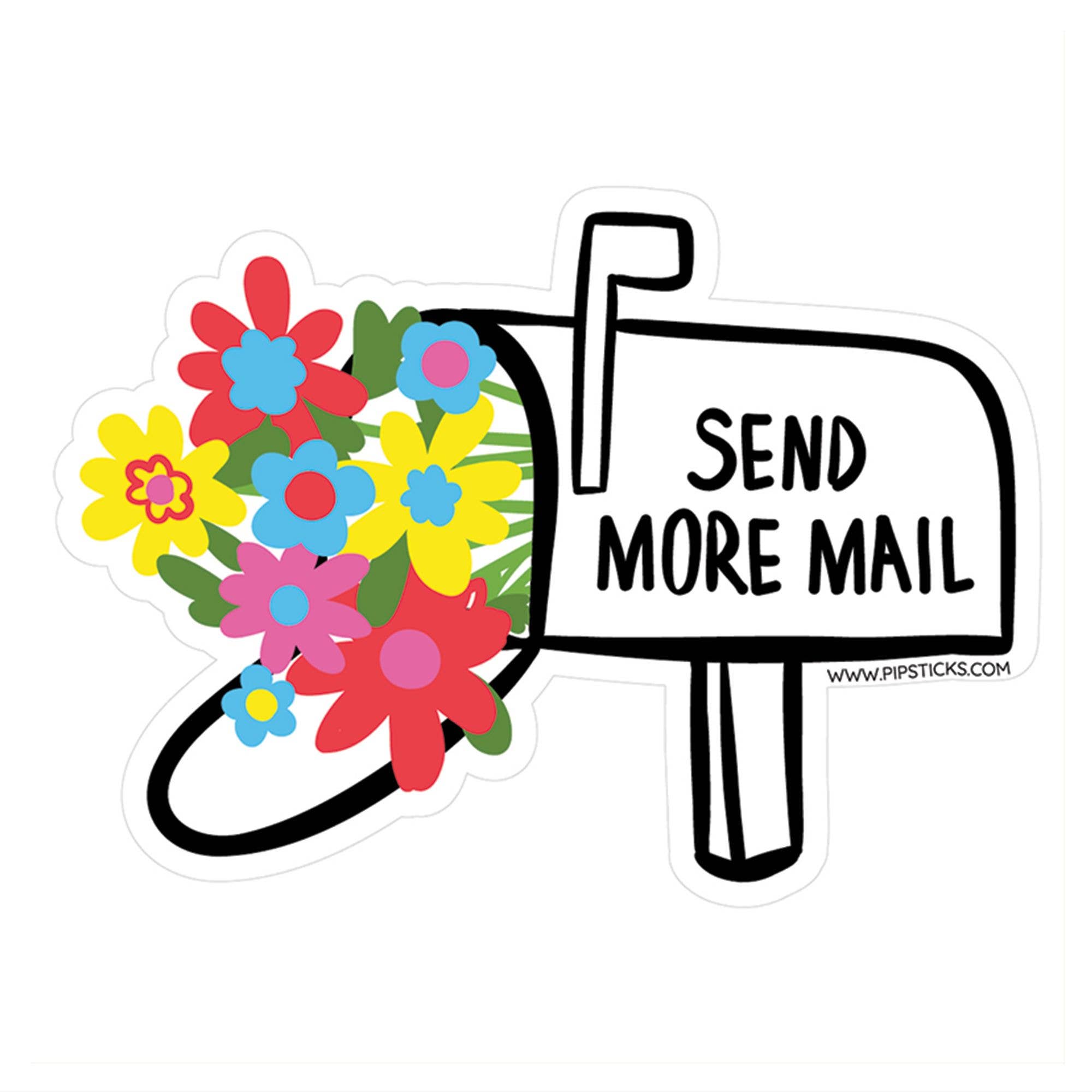 A unique vinyl Snail Mail Surprise sticker featuring a cartoon mailbox with colorful flowers. Water & UV resistant, perfect for gifting.