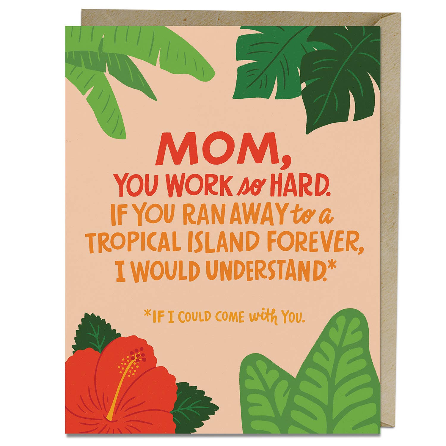 A close-up of a Mother's Day card with flowers and leaves, featuring a red flower with green leaves. Blank inside, A2 size, printed in the USA on heavyweight matte stock, with a matching kraft envelope.