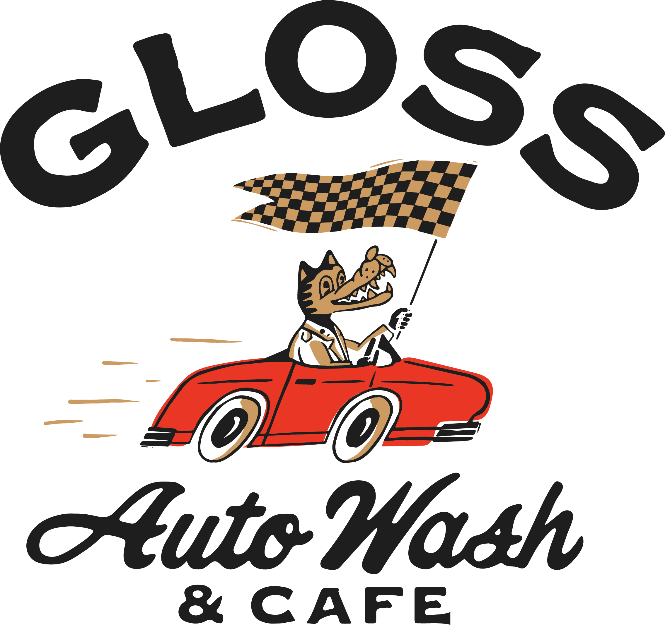 A cartoon cat holds a checkered flag in a red car, promoting Gloss Wash with triple glaze hot wax, underbody rinse, wheel cleaner, touchless wash, interior vacuum, and more.