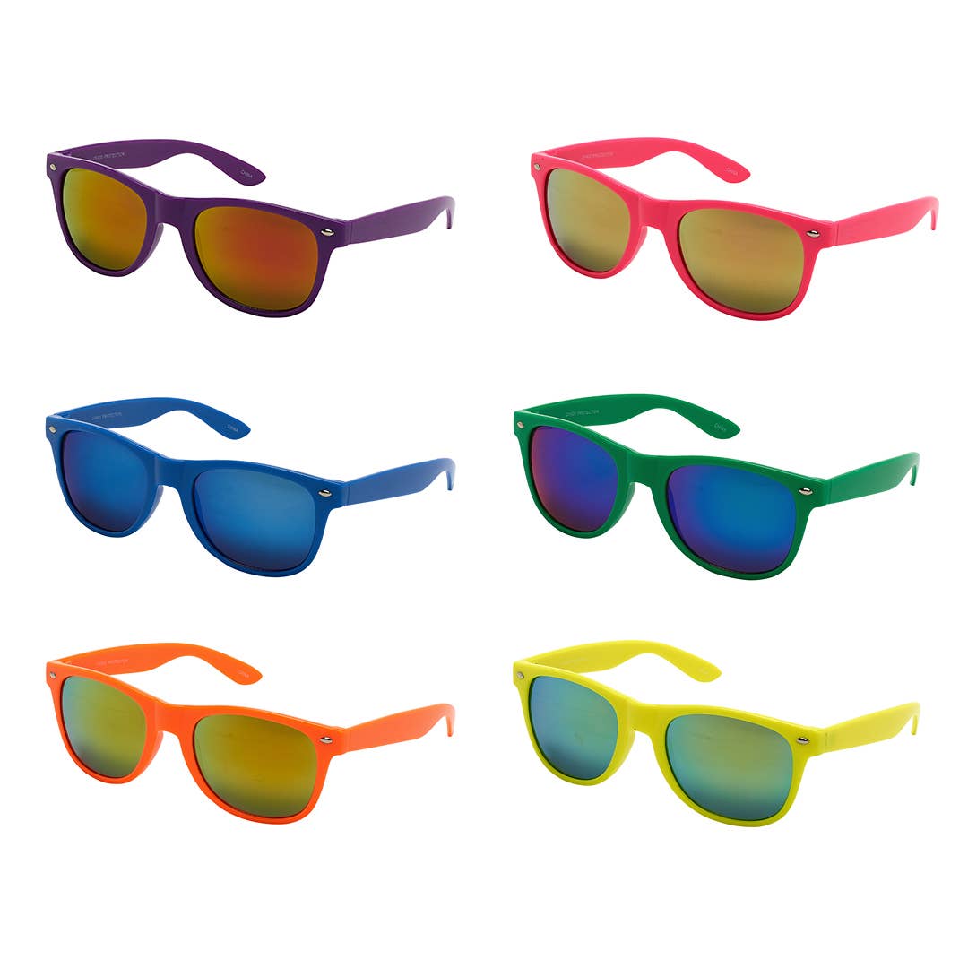 Assorted sunglasses from the Classics Collection by Blue Gem Sunglasses, featuring green, blue, purple, yellow, pink, and orange frames with various colored lenses. UV protection included.