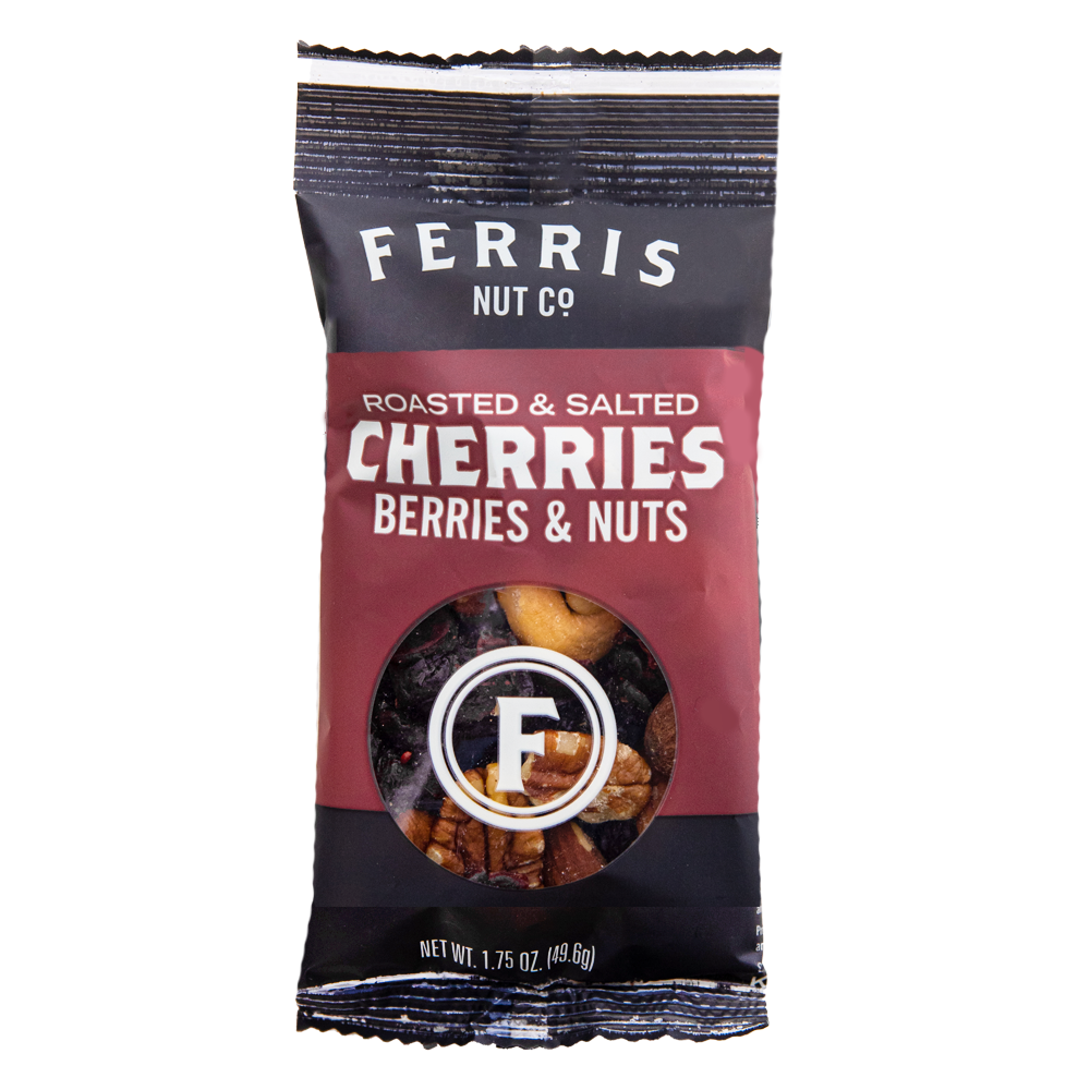 Ferris Cherries, Berries, & Nuts 1.75oz snack pack featuring dried cherries, cranberries, cashews, pecans, and almonds in a mini bag. Ideal for on-the-go snacking.