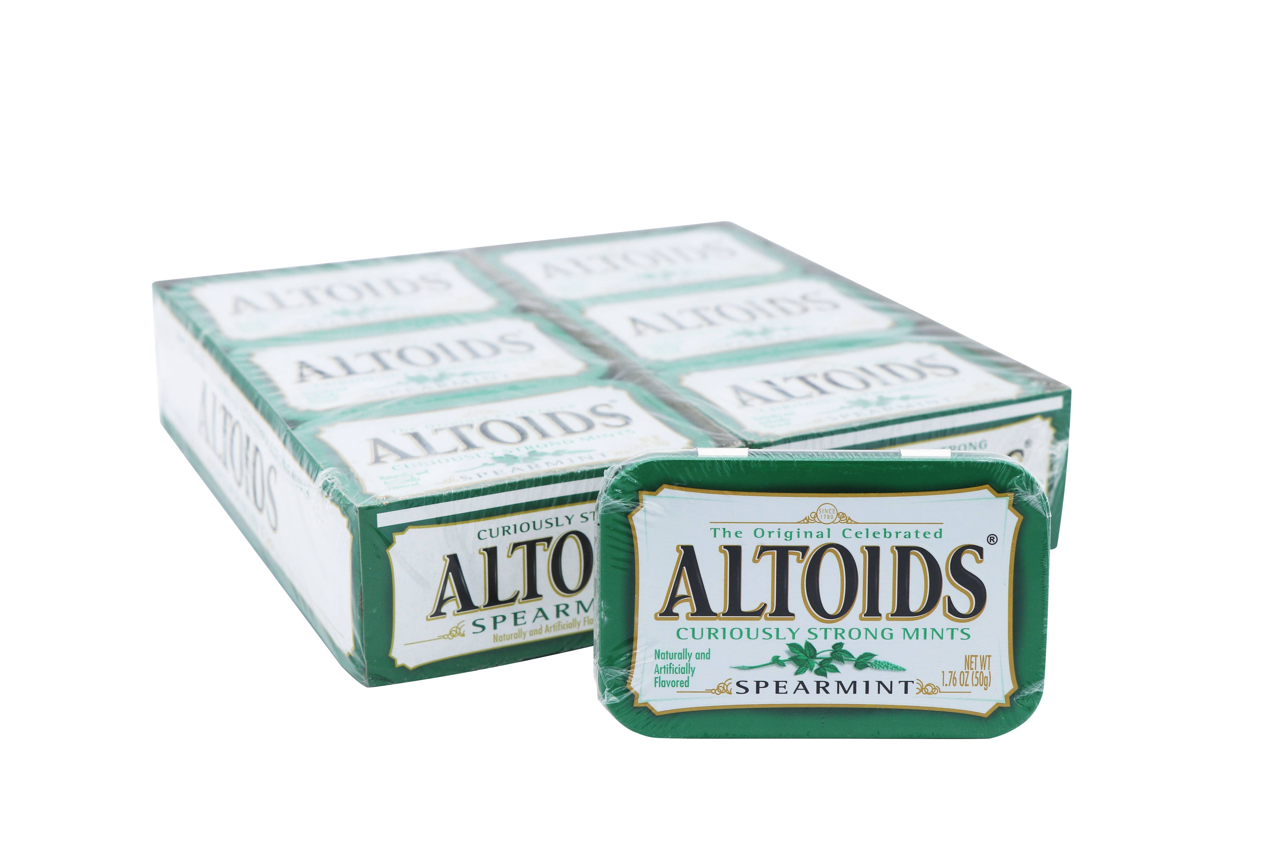 Altoids Spearmint 1.76oz Tin, 12ct Case: A group of spearmint mint tins on a white background, perfect for freshening breath on the go.