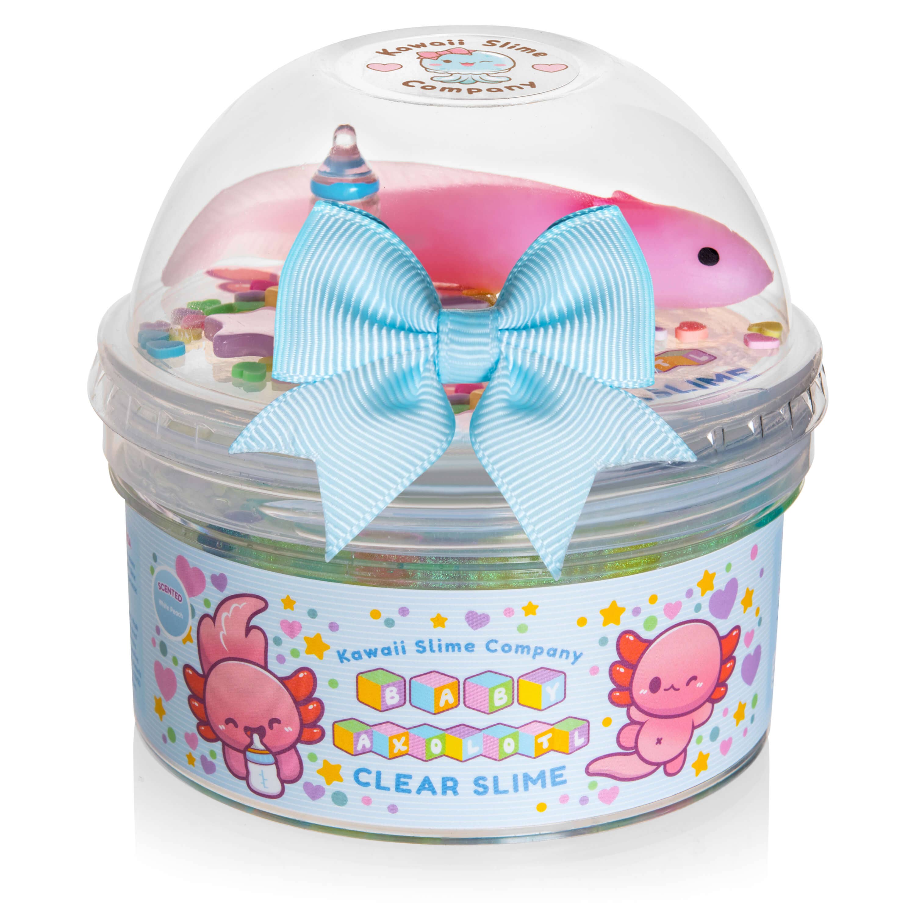 A clear plastic container holds Baby Axolotl Clear Slime, featuring a cute cartoon character. Dive into slime bliss with this easy-to-care-for underwater friend.