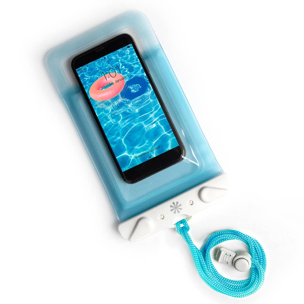 Waterproof phone case with clear window for texting & pics. DRY SPELL WATER DEFENDER BAG in light blue. Buoyant foam prevents sinking. Fits phones up to 6.5”.