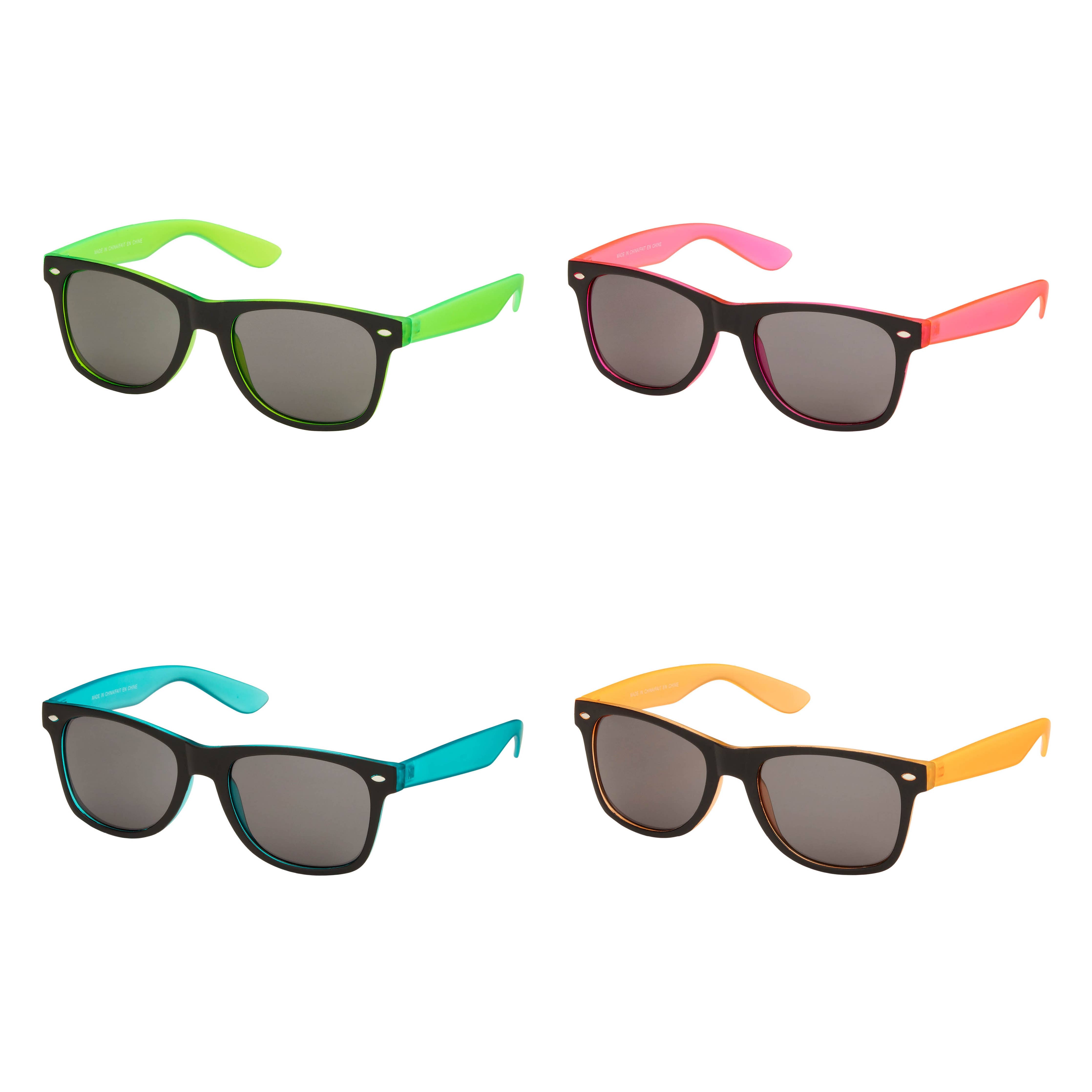 A selection of Blue Gem Sunglasses from the Classics Collection, featuring wayfarer and classic styles with green, yellow, and blue frames. UV protection included.