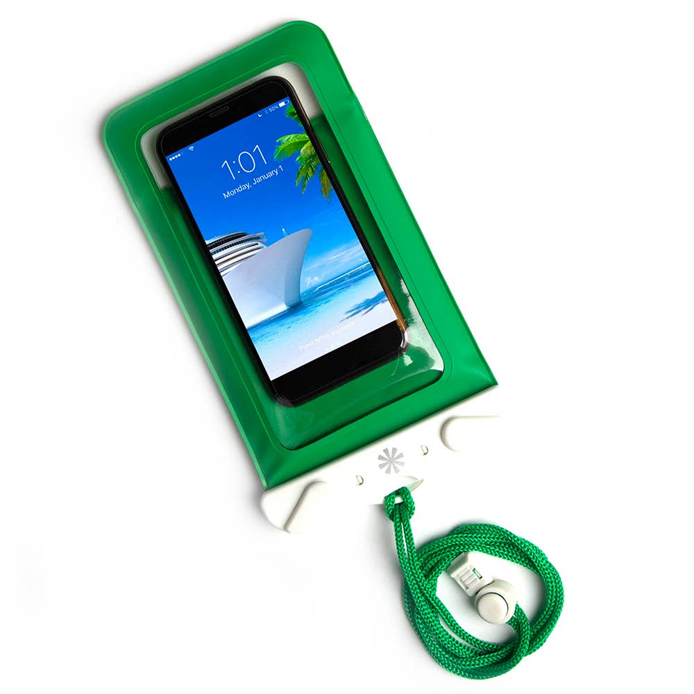 A green water defender bag for phones, featuring a secure clamp, clear window for usage, and buoyant foam for floatation. Ideal for beach and pool activities, fits up to 6.5” displays.