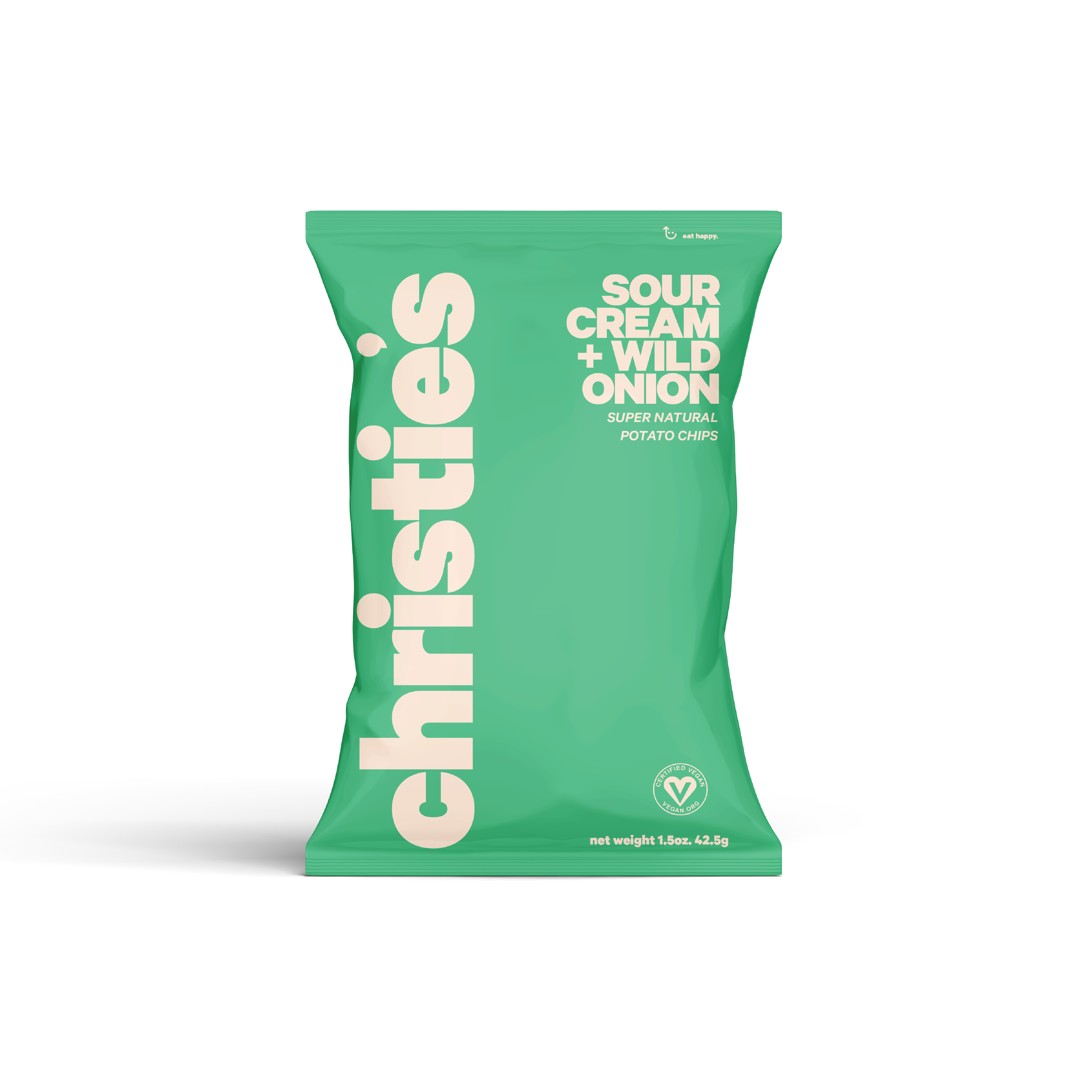 A green bag featuring Christie's logo, text Sour Cream and Wild Onion Potato Chips. Certified vegan, all-natural, non-GMO, 1.5 oz snack bags, packed in cases of 36.