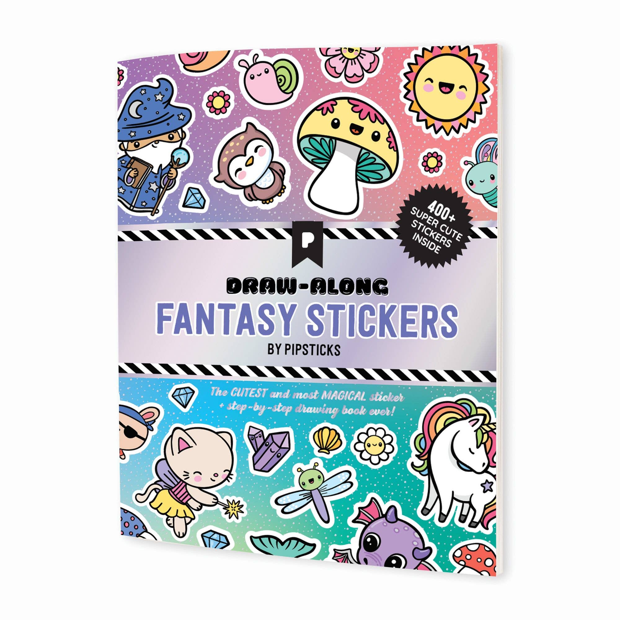 A sticker book featuring cute fantasy characters like gnomes, dragons, and wizards. Includes over 400 kawaii stickers, drawing instructions, and colorful scenes. Dimensions: 8 x 10.