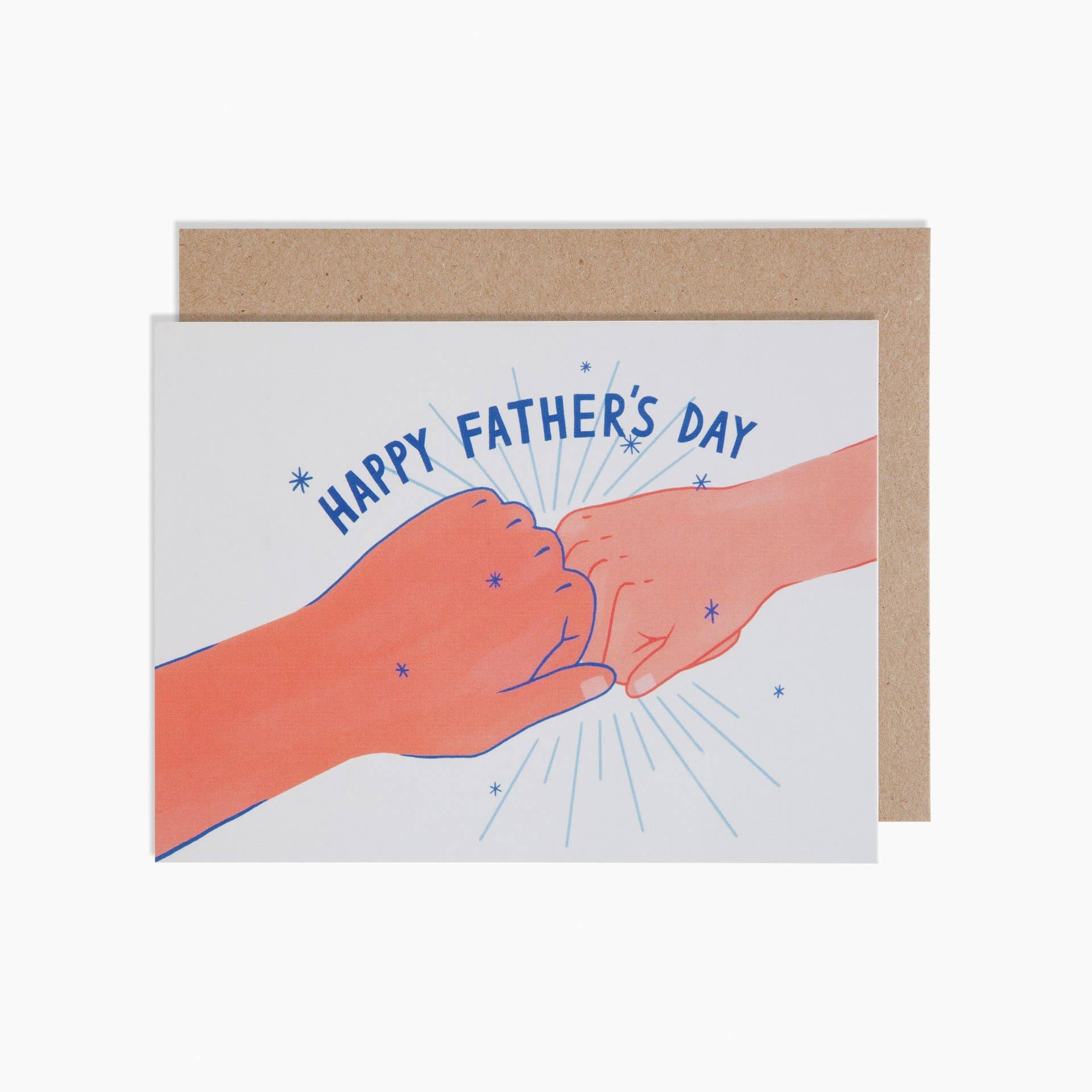 Hand-drawn Fist Bump Father's Day Card with a close-up of a hand holding a child's hand. Blank interior, envelope included. Printed in the USA. Dimensions: 5.5 x 4.