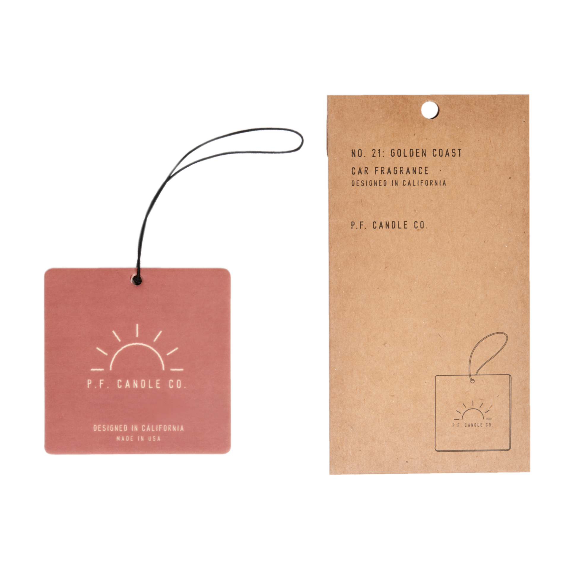 A pink tag with Golden Coast - Car Fragrance label, brown tag with text, and logo. P.F. Car Fragrances evoke Big Sur with eucalyptus, sea salt, redwood, and palo santo notes.