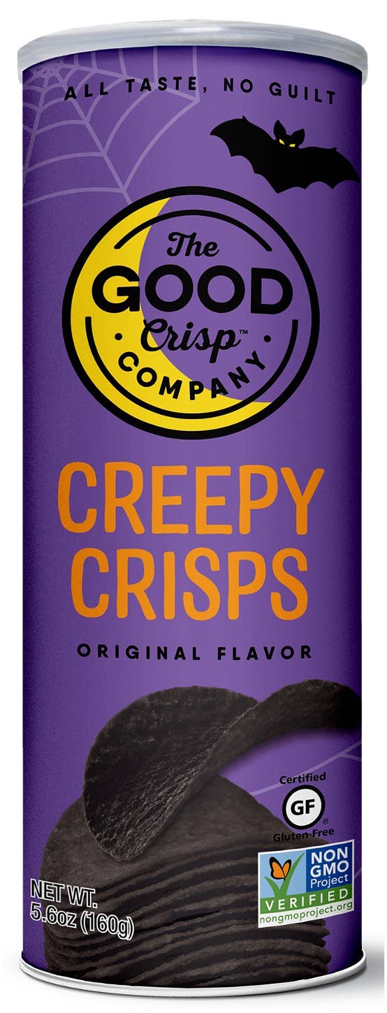 A purple tin of Halloween Creepy Crisps - 5.6oz, featuring orange and yellow text, with a spooky black bat and close-up of black potato chips.