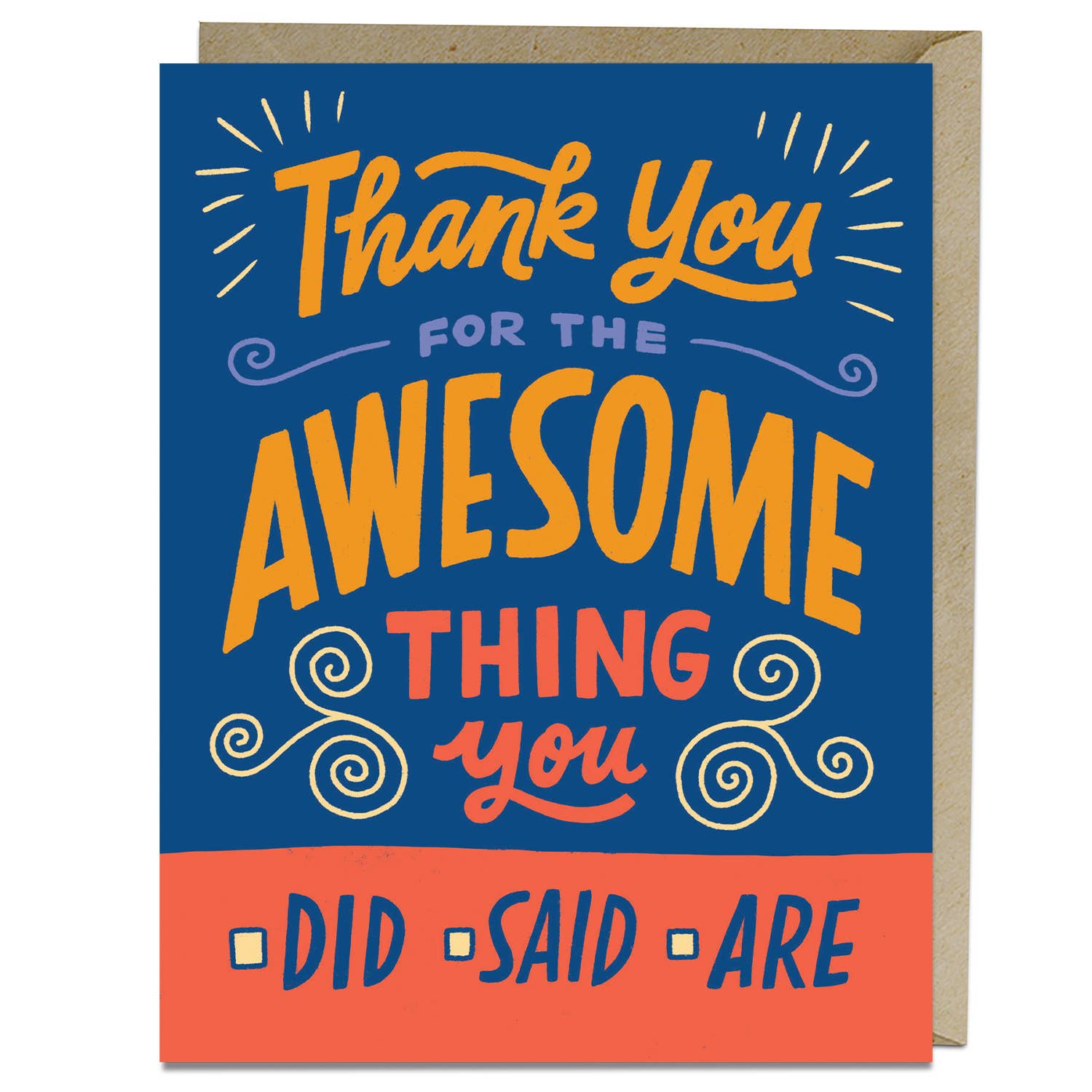 A card with a bold Awesome Thank You message, blank inside, A2 size, printed on matte stock in the USA, with a kraft envelope.