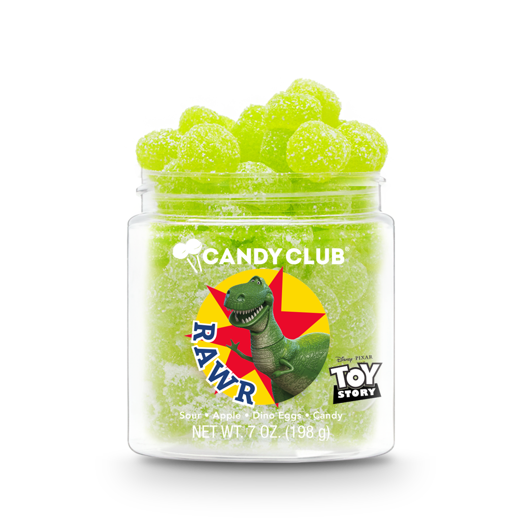 A plastic jar of apple-flavored chewy dots covered in sour sugar, featuring Disney Pixar Toy Story character Rex on the packaging.