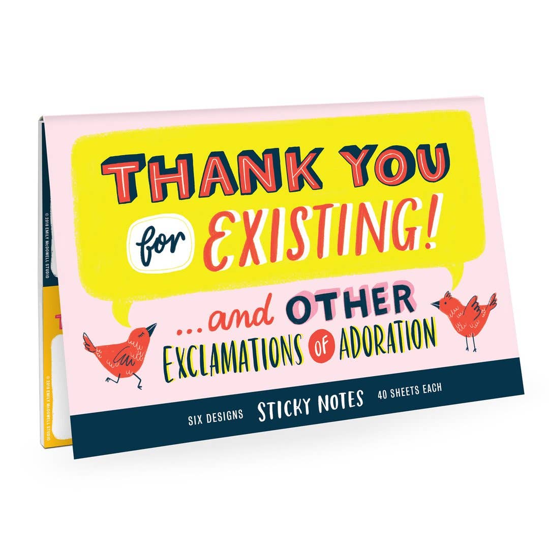 A graphic design of birds and text on a card, featuring a drawing of a bird and a red bird with a black beak. Product: Thank You Sticky Note Packet with six 2.75 x 2.75-inches pads, 40 sheets each.