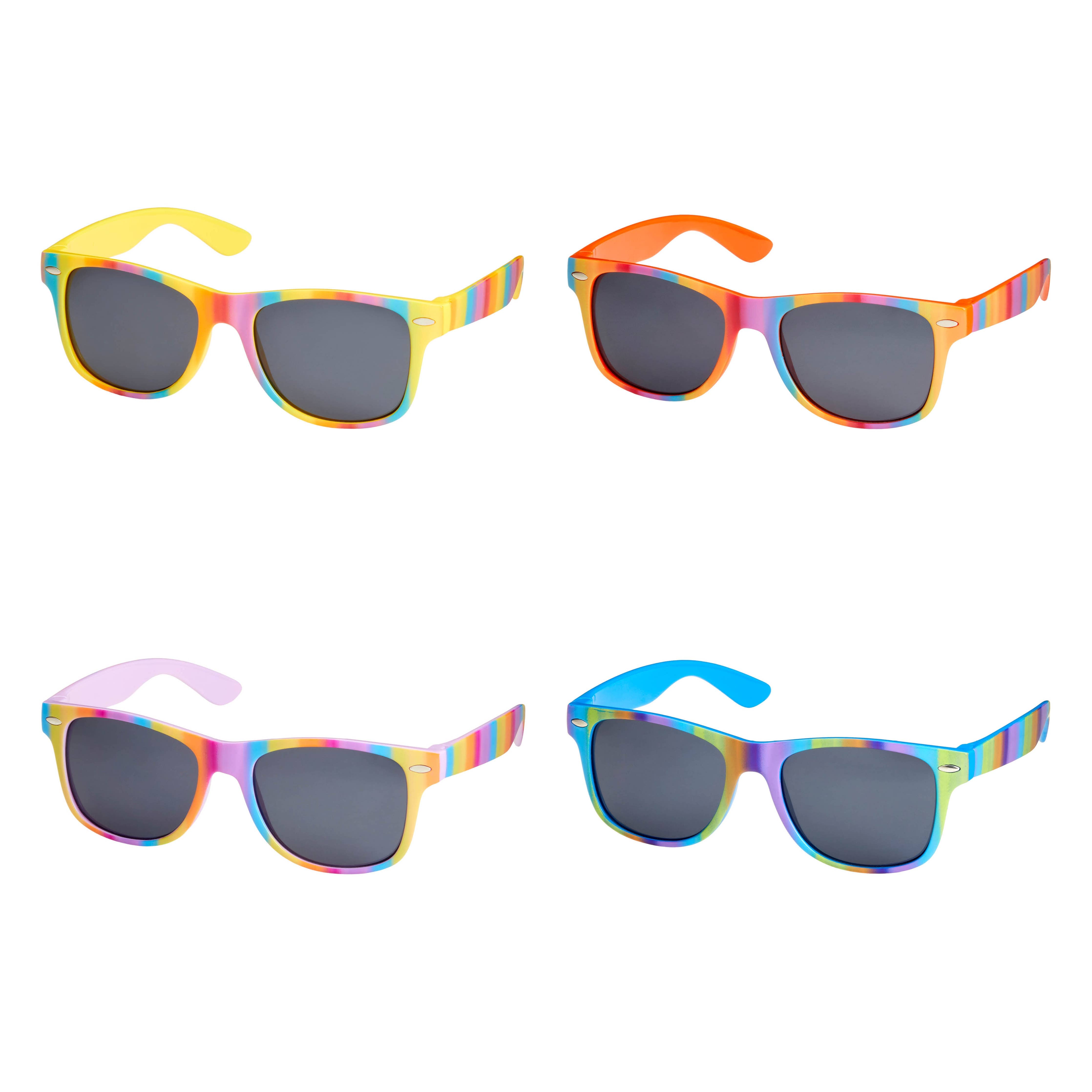 A collection of kids' sunglasses in various styles like wayfarers, aviators, roundies, and hearts by Blue Gem Sunglasses. 100% UV protection. K6908 - Kids - Assorted Colors - 6 PC Minimum.