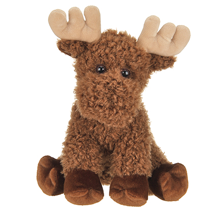 A 10.5-inch plush toy, Morton the Moose, featuring antlers and detailed hands and feet. Teddy bear-like, soft fabric, perfect for cuddling.