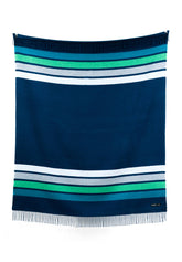 A vintage-inspired Camp Summer blanket in blue and white stripes, made from recycled wool, polyester, and acrylic. Measures 72”l x 60”w, 3 lbs. Eco-friendly, cozy, and durable.