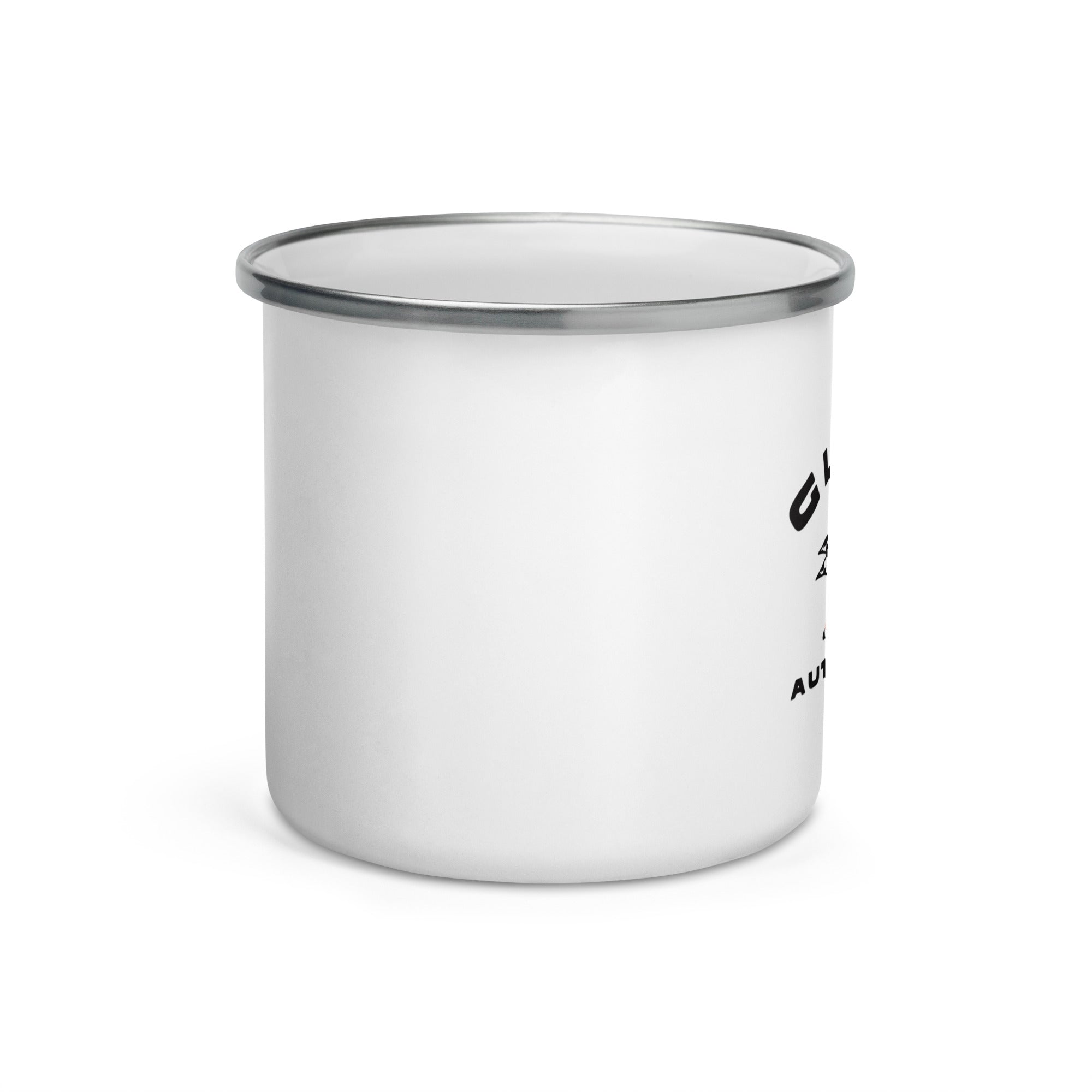 A Gloss Enamel Mug, white with black text, featuring a silver rim. Lightweight and durable for beverages or meals on the go. Dimensions: 3.14 height, 3.25 diameter. Hand-wash only.