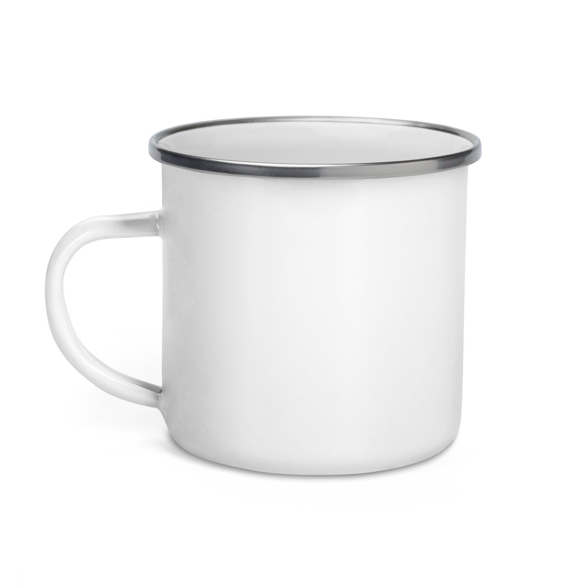 Gloss Enamel Mug: White mug with silver rim, close-up of handle, and plate. Lightweight, durable, and versatile for beverages or meals on-the-go. Dimensions: 3.14 height, 3.25 diameter.