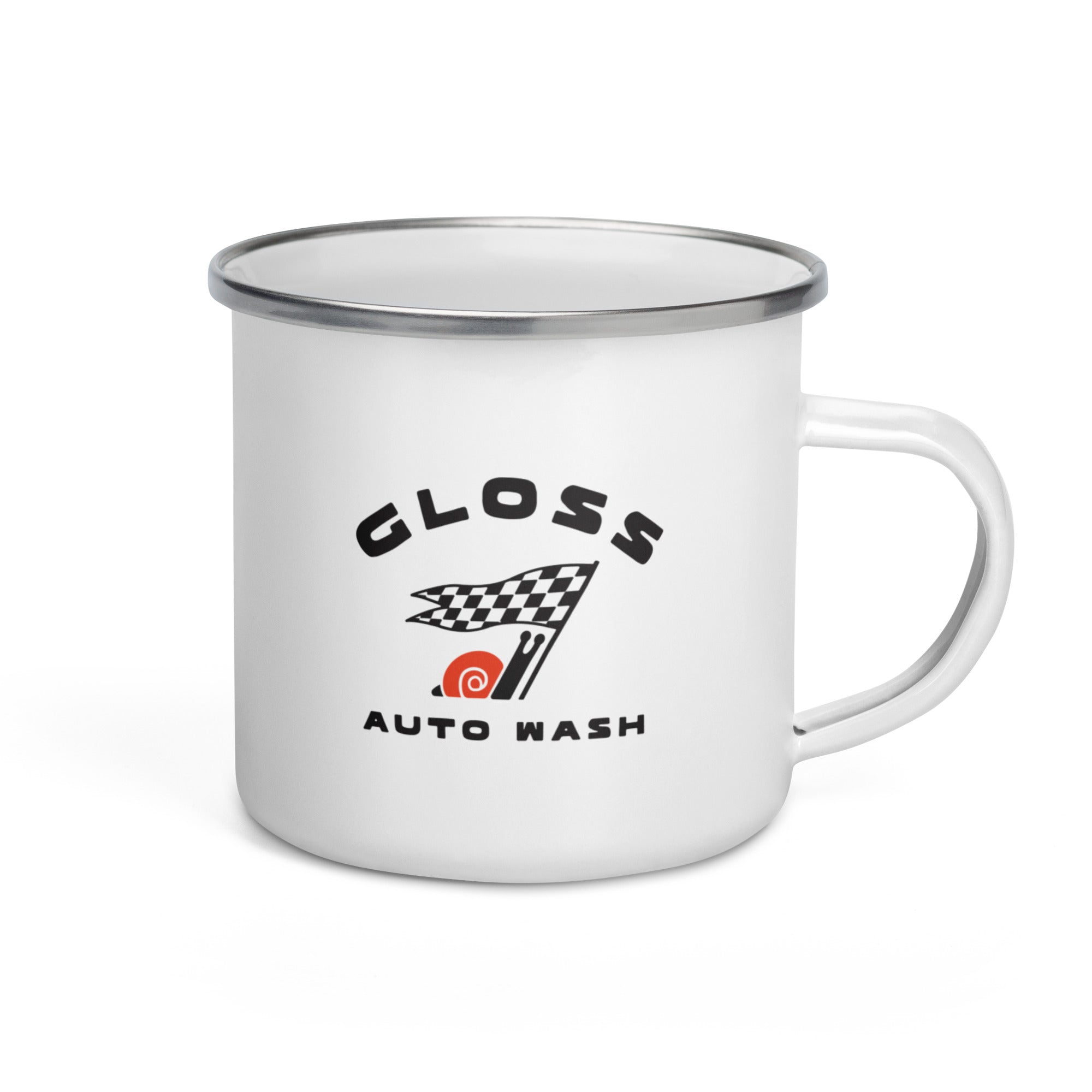 Gloss Enamel Mug: A white mug with a silver rim, featuring a logo with a checkered flag. Lightweight and durable for beverages or meals on-the-go. Dimensions: 3.14 height, 3.25 diameter.