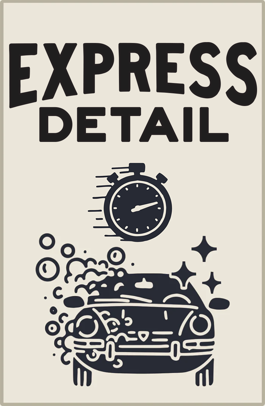 Express Detail service sign with stopwatch, car, and sleek typography. Premium car wash in Boulder, CO offering deep clean, leather treatment, ceramic paint booster, and more.