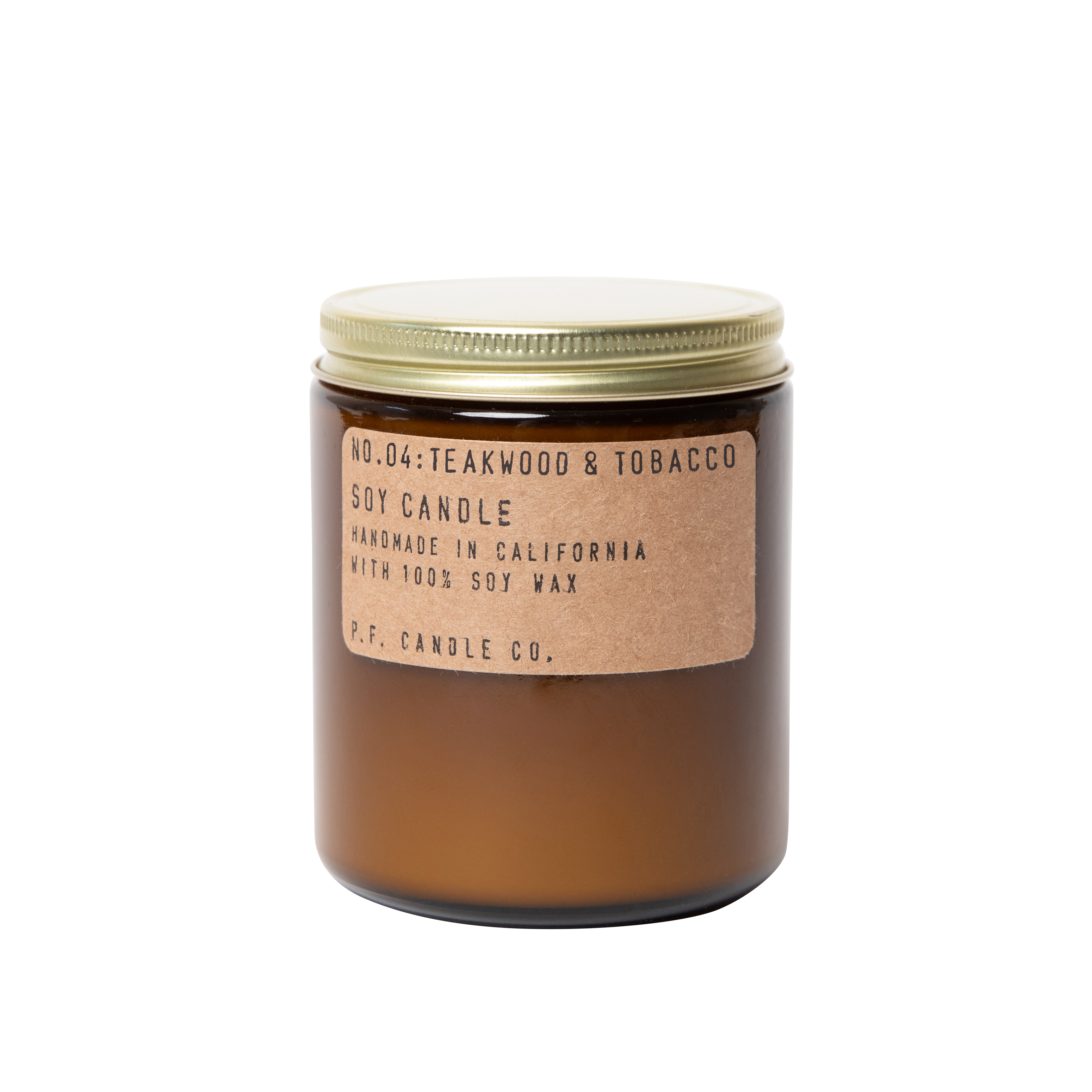 A brown soy candle in a mason jar with a gold lid, labeled Teakwood & Tobacco. 7.2 oz, 40-50 hr burn time. Made with soy wax, fragrance oils, and cotton-core wicks.