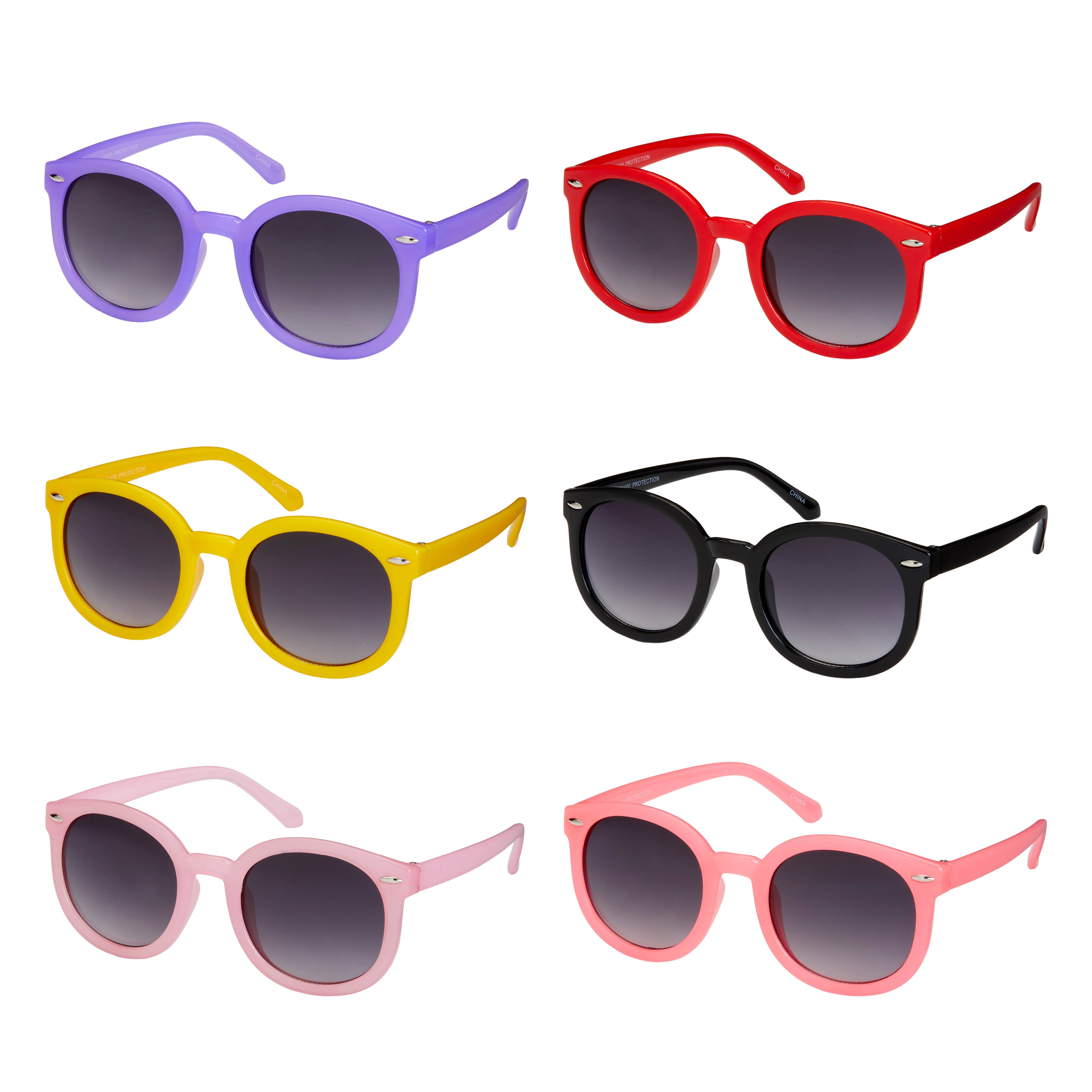 A variety of kids' sunglasses including wayfarers, aviators, roundies, and hearts. Blue Gem Sunglasses' K6914 collection offers UV protection in fun and trendy styles.