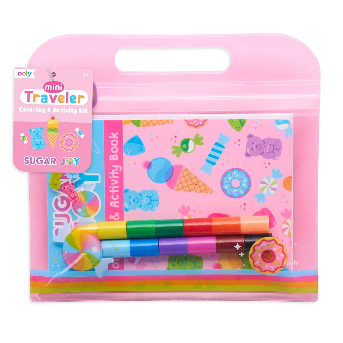 Mini Traveler Coloring & Activity Kit - Sugar Joy featuring a pink bag with markers, a pink box, and colorful stickers. Includes 28-page activity book, stacking crayons, and sweet-themed stickers for ages 6+.