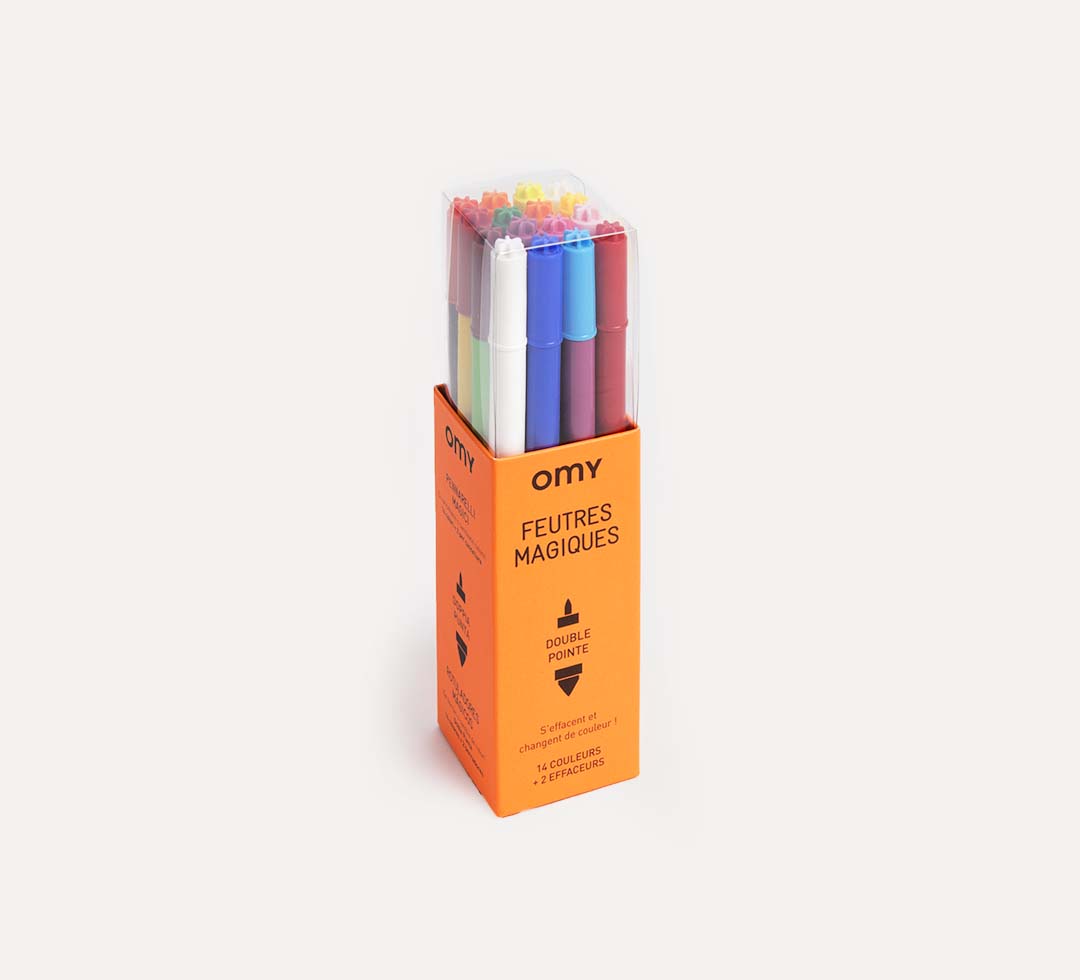 A box of 16 magic markers for colorful creations. White marker changes colors to cap hues. Ideal for artistic minds.