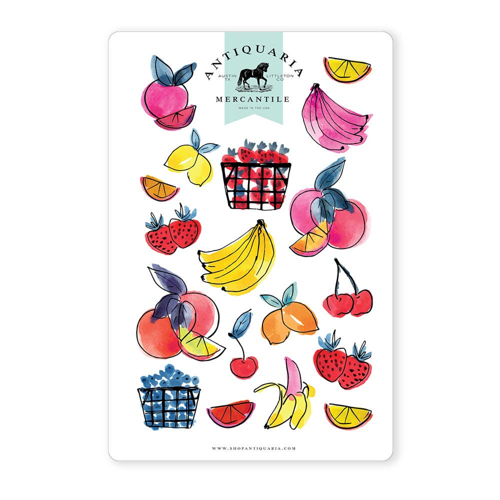 A sticker sheet featuring watercolor-style fruit illustrations, including bananas, lemons, and more. 5x7 sheet with 18 stickers, made in the USA.