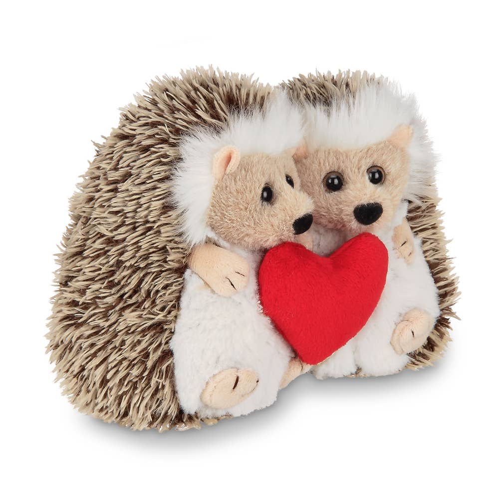 Two hedgehog stuffed animals holding a heart, part of the Bearington Collection, each measuring 5.5 inches. Fur, toy, teddy bear, mammal, and animal tags.