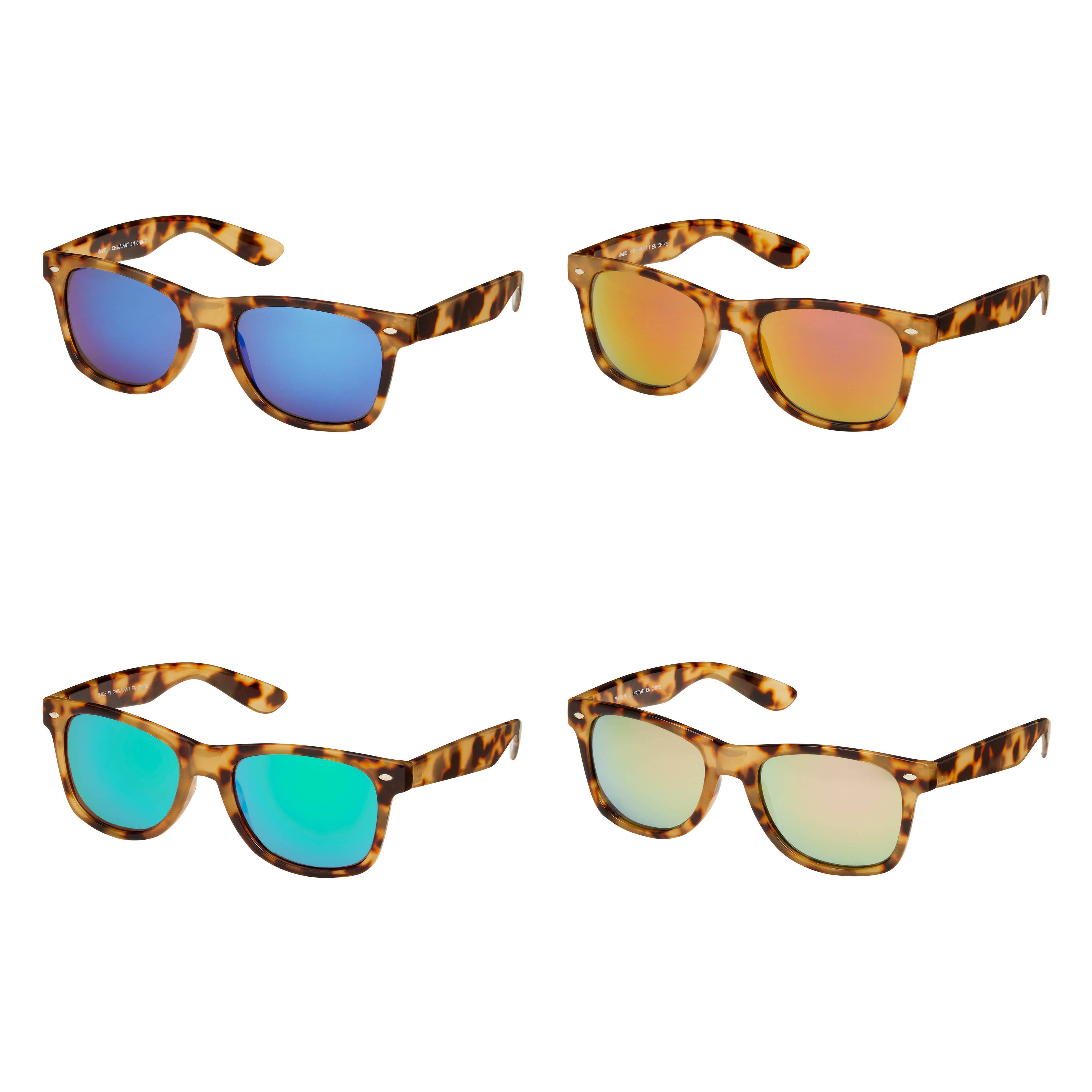 A collection of Blue Gem Sunglasses featuring wayfarers and classic styles with various lenses and patterns. Ideal for men and women, offering UV protection and style.