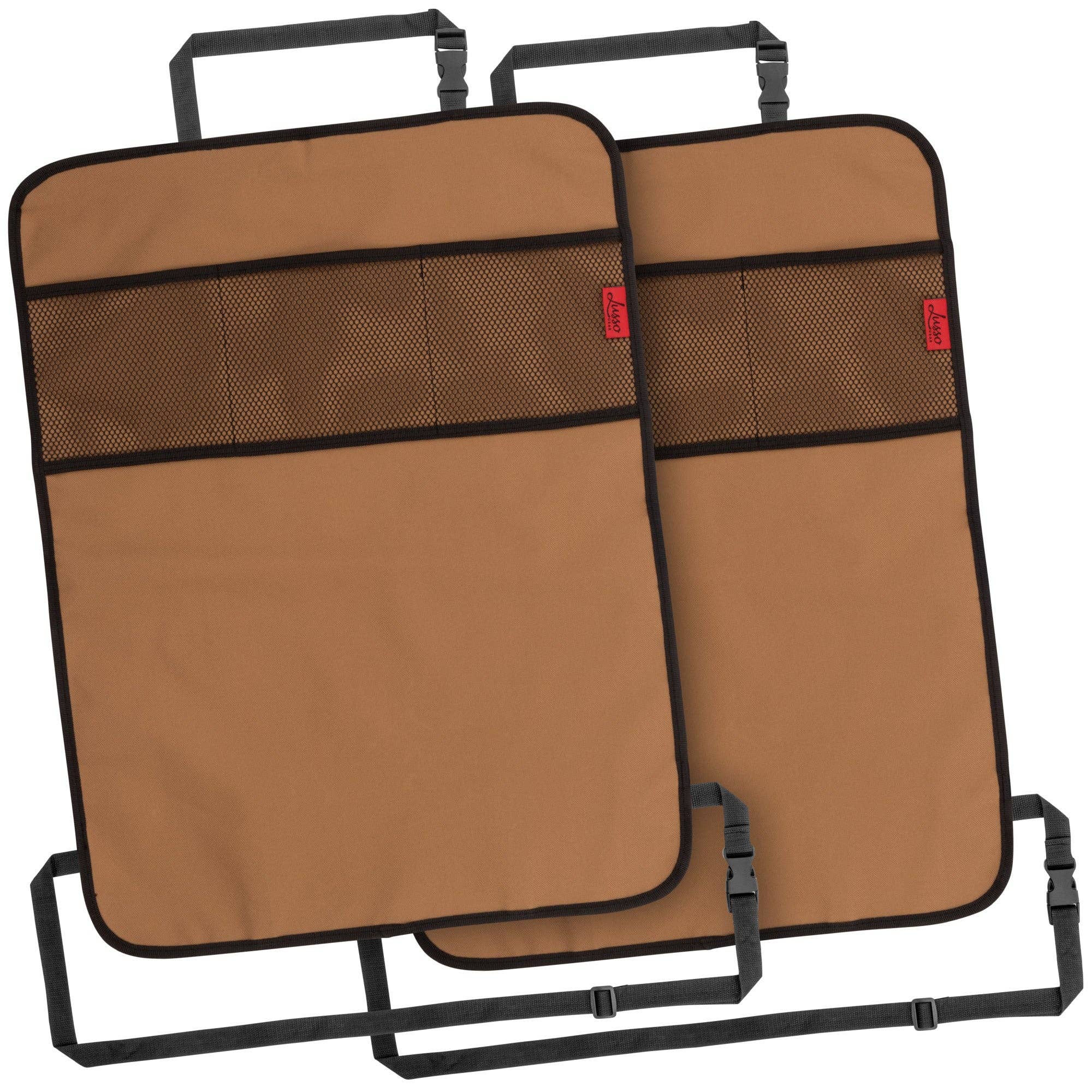 A pair of brown kick mats with black straps, featuring 3 pockets for backseat organization. Waterproof and machine washable, ideal for jeeps, trucks, vans, and SUVs.